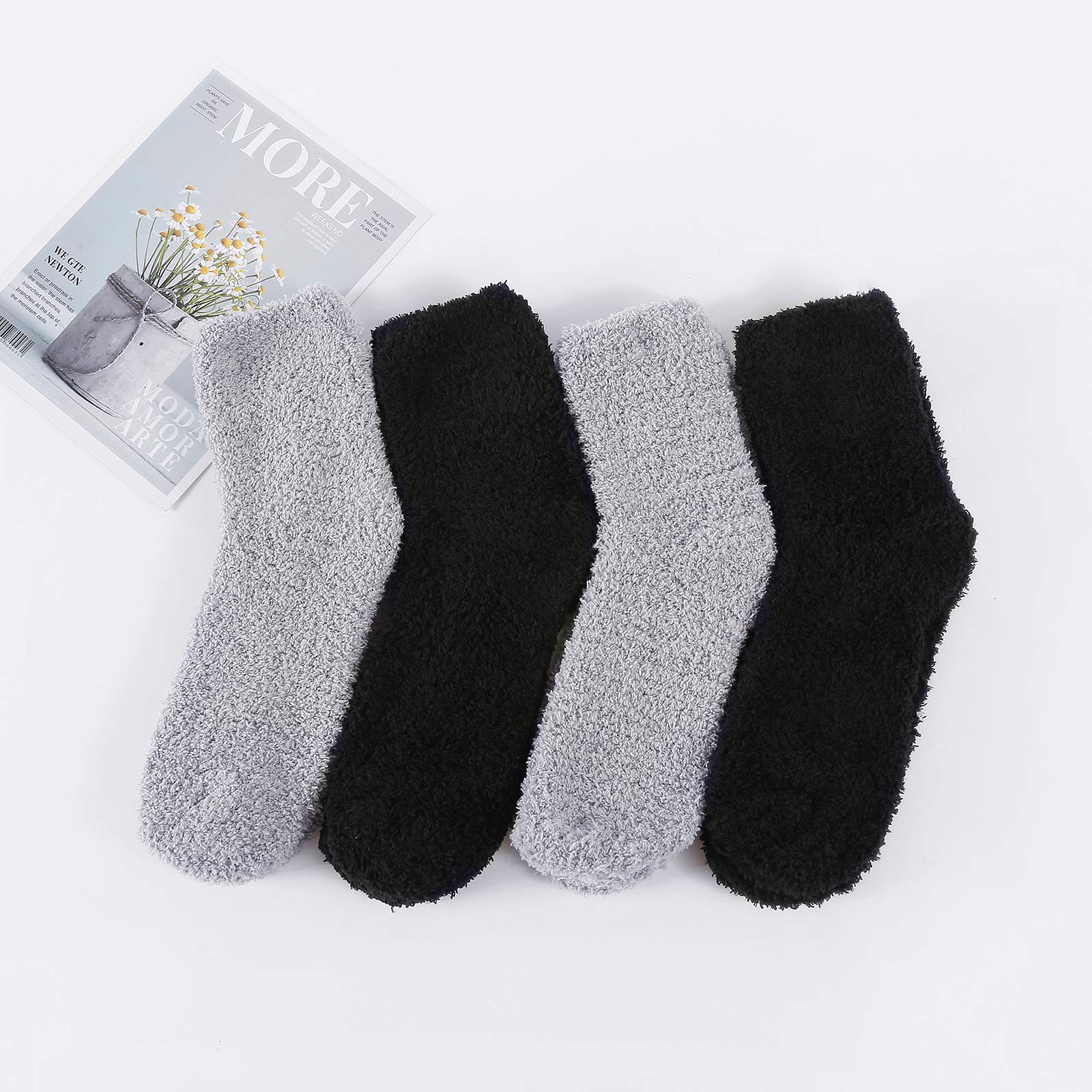 Warm Fluffy Fuzzy Socks for Women & Girls - Cozy Winter Fleece Slipper Socks (4 Pairs, Black & Gray) - Perfect for Christmas Gifts, Holiday Comfort & Home Relaxation