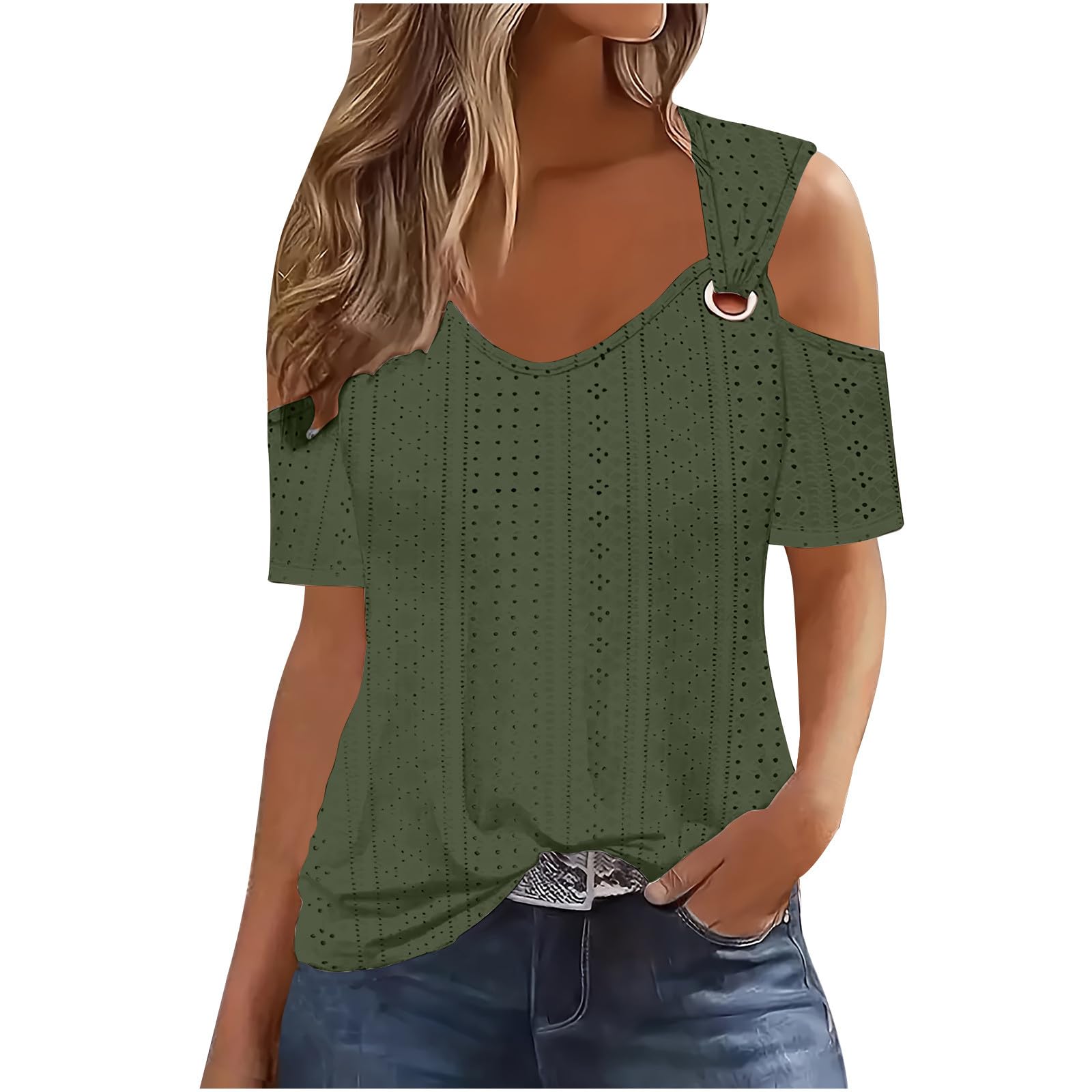 Women's Eyelet Cold Shoulder Tee Shirt - Casual Short Sleeve Blouse in Army Green | Summer Fashion, Beach Outfit & Daily Wear | Prime Day Deal 2024 with Same Day Delivery