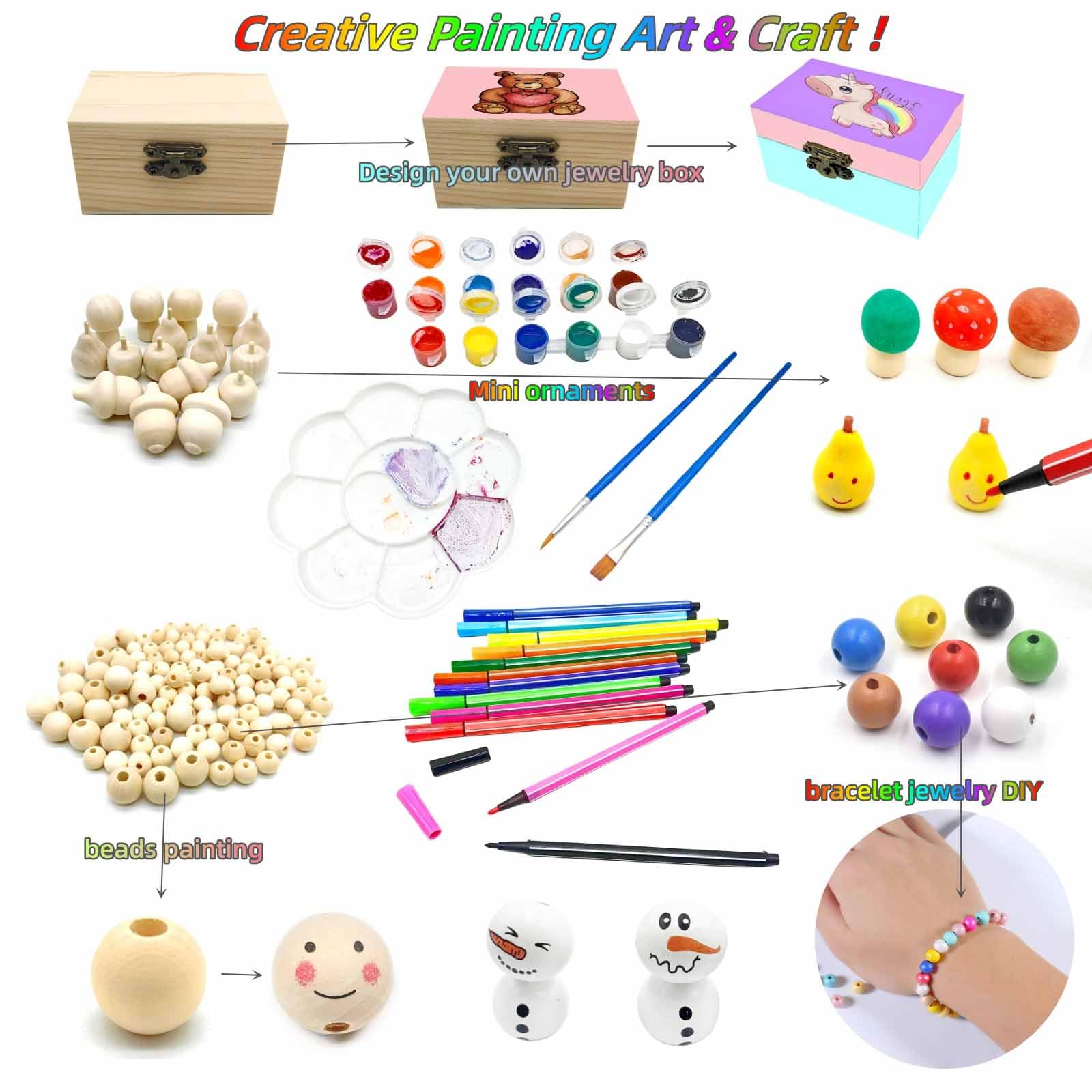 DEUXPER 2-in-1 Kids Art & Craft Toy Set - 4 Wooden Jewelry Boxes & 136 Charms Beads for DIY Bracelet Making, Painting & Creative Play | Perfect Easter Gift & Birthday Present for Girls Ages 6-10 | Great for Arts & Crafts, Party Favors & Creative Development