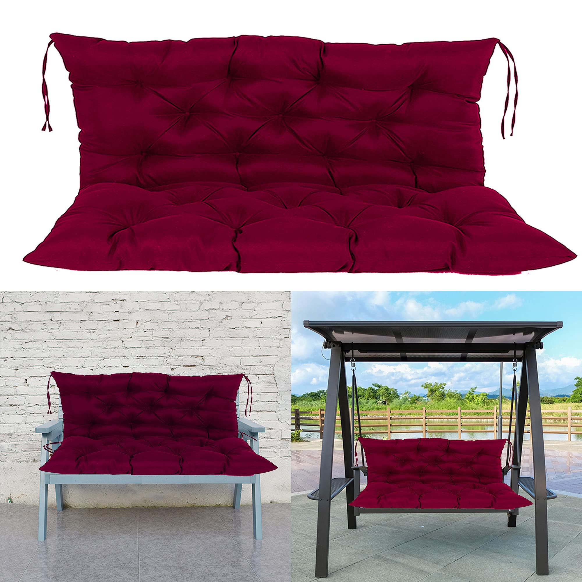Waterproof Outdoor Bench Cushion for 2-3 Seater Patio Swing - 4 Inch Thick Garden Bench Pad with Backrest & Ties (59x40 Inches, Wine Red) - Weatherproof, Easy to Clean - Perfect for Porch, Deck, Garden & Poolside Relaxation