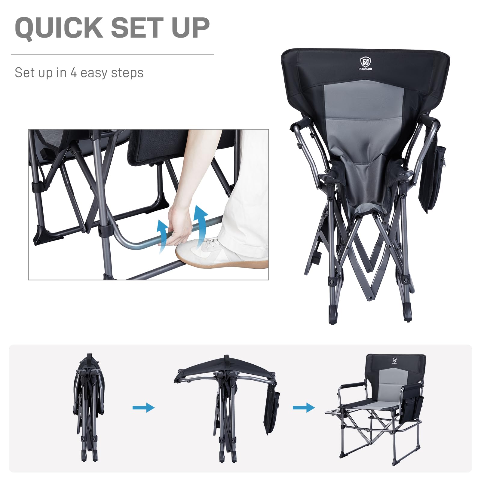 EVER ADVANCED Heavy Duty Folding Camping Chair with Side Table - Portable Compact Lawn Chair for Outdoor Camping, Fishing, Sports & Picnics - 400lbs Capacity Black - Perfect for Backyard, Beach & Tailgating