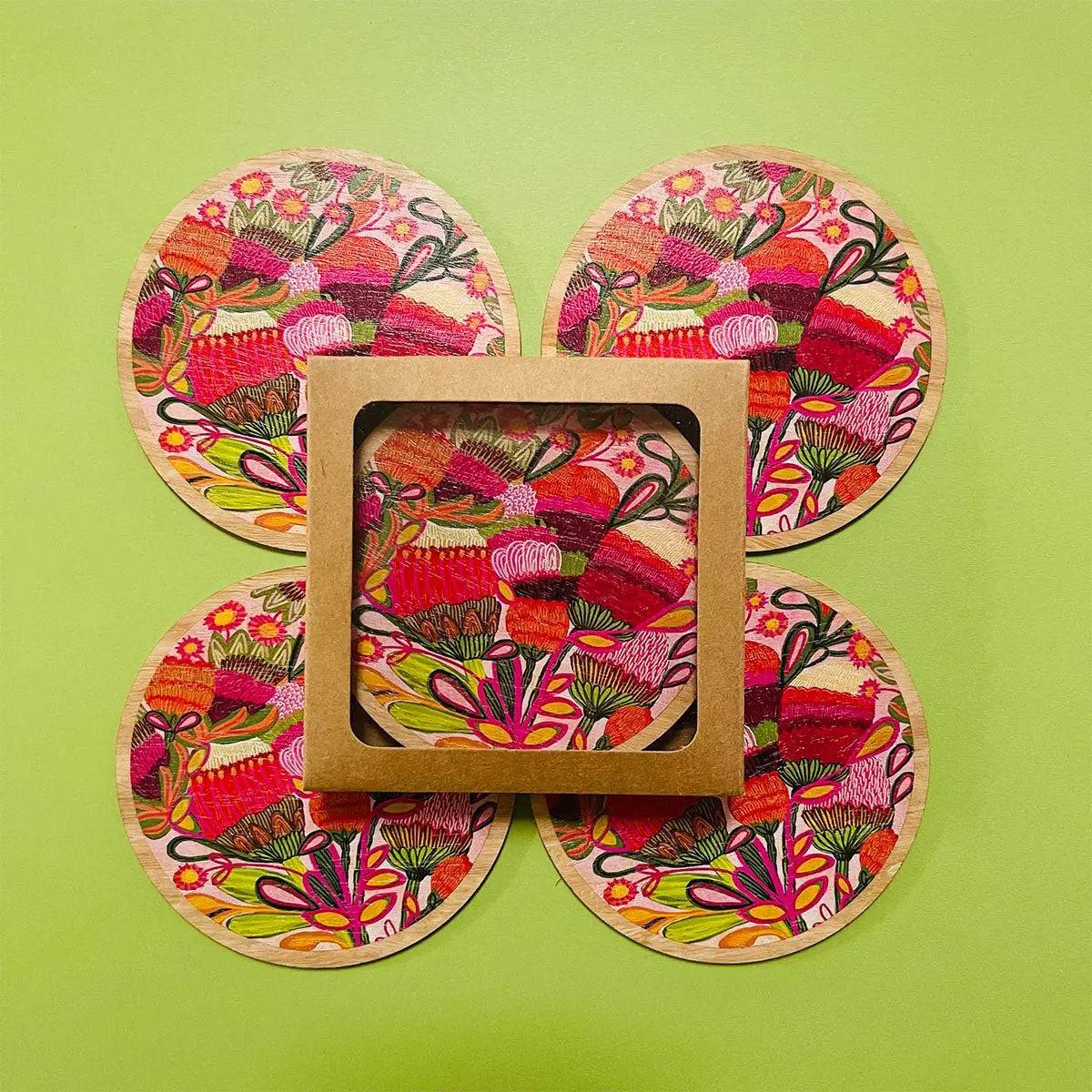 Wild Blooms Wooden Coasters and Napkin Set - 4-Piece Natural Wood Drink Coasters with Matching Napkins for Home, Kitchen, Dining Table, and Party Decor