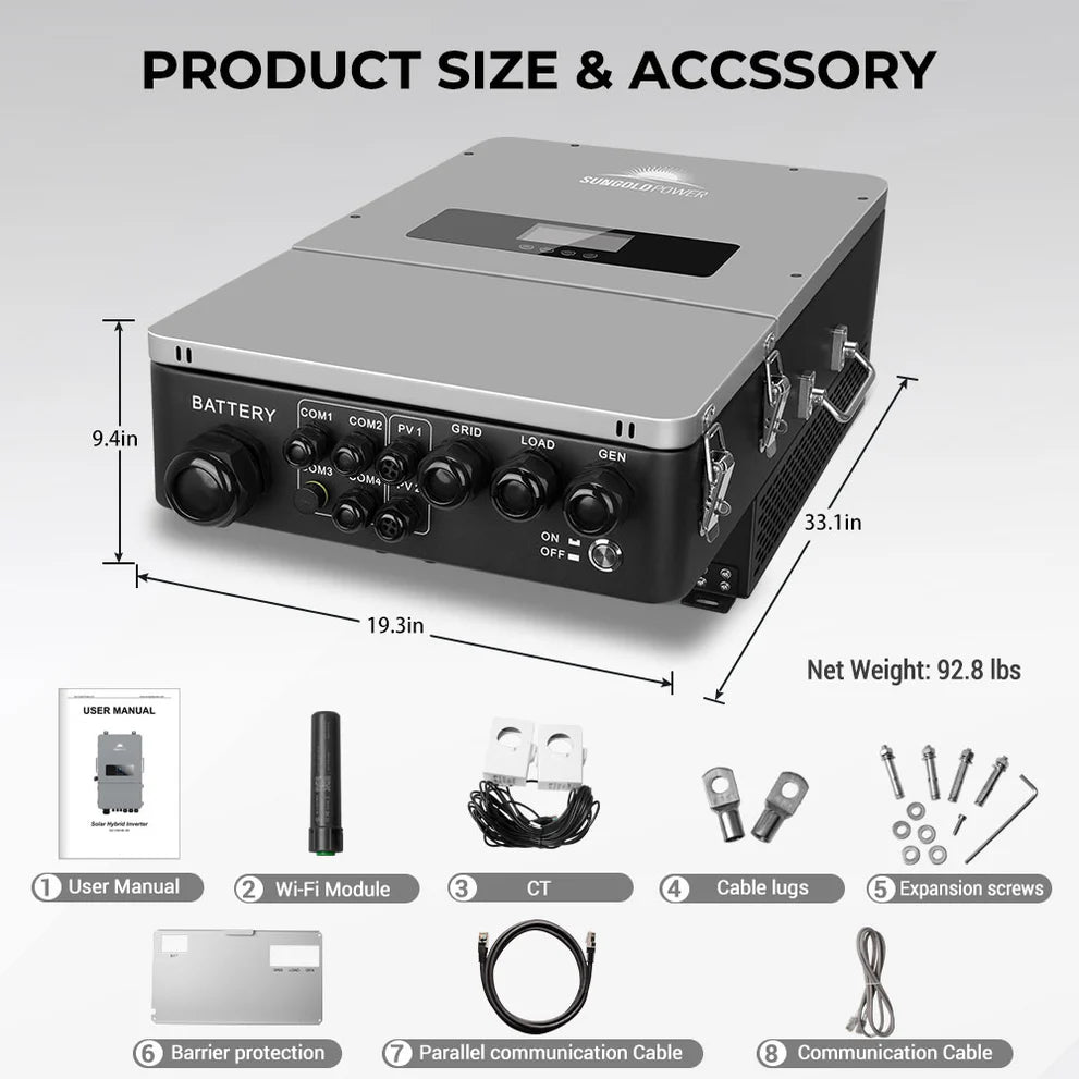 SunGoldPower 10KW 48V Split Phase Hybrid Solar Inverter for Home & Off-Grid Power Systems - Perfect for Solar Energy Storage & Backup Power Solutions