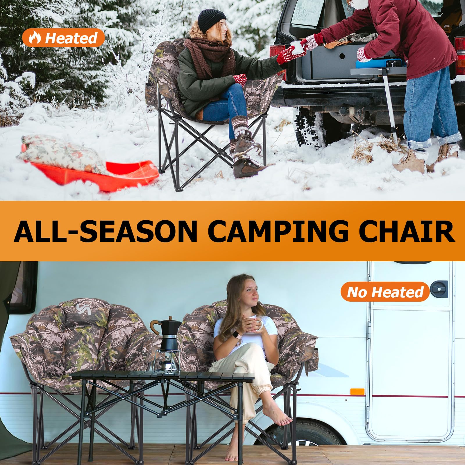 LILYPELLE Oversized Heated Camping Chair - 3 Adjustable Heat Levels, Portable Folding Outdoor Lounge Chair with Round Moon Saucer Design for Patio, Backyard, Beach & Camping | Perfect for Winter Camping, Tailgating & Outdoor Relaxation