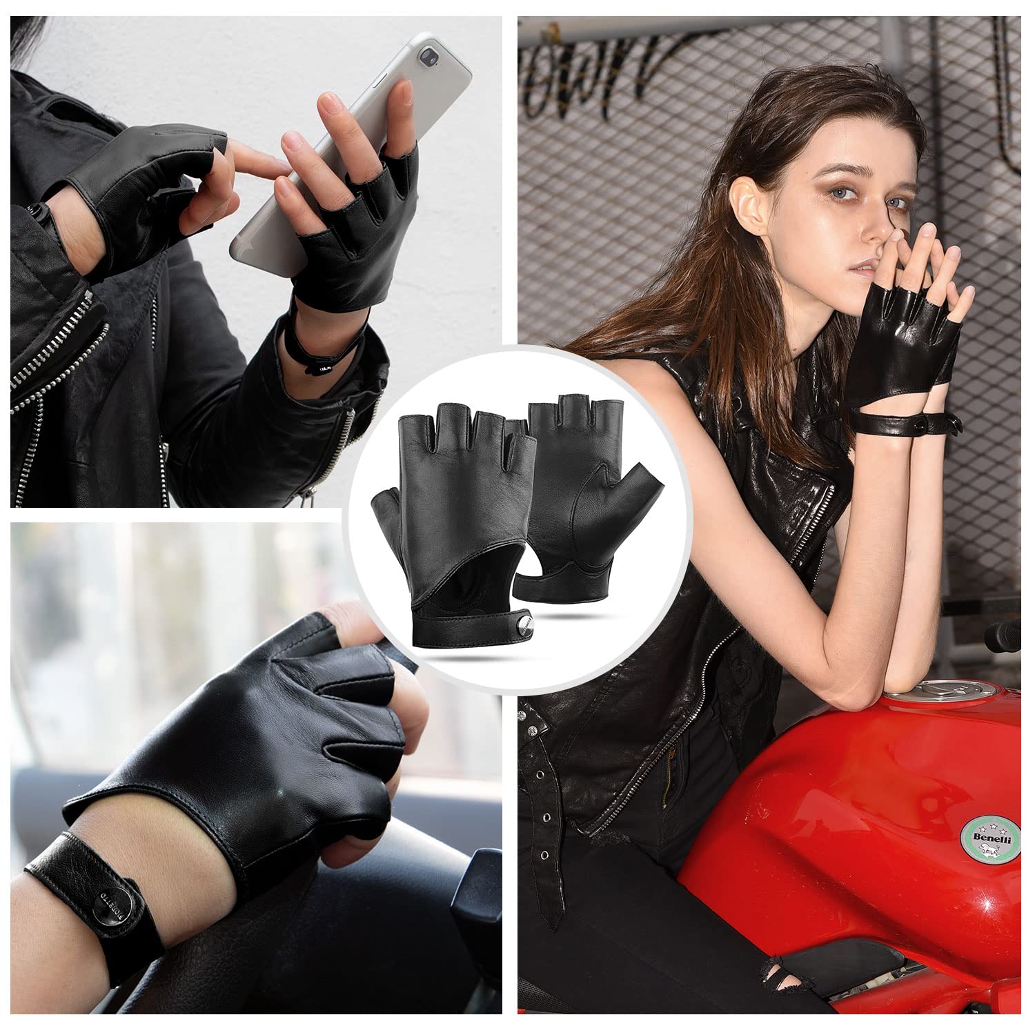 FIORETTO Women's Fingerless Leather Gloves for Driving & Motorcycle Riding - Unlined Half Finger Gloves (200420) - Perfect for Bikers, Drivers & Fashion Accessories