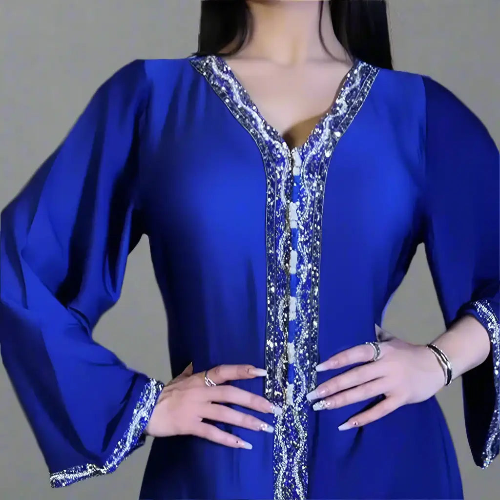 Elegant Women's Kaftan Jalabiya Dress with Hotfix Rhinestones - Perfect for Parties, Weddings & Beach Vacations