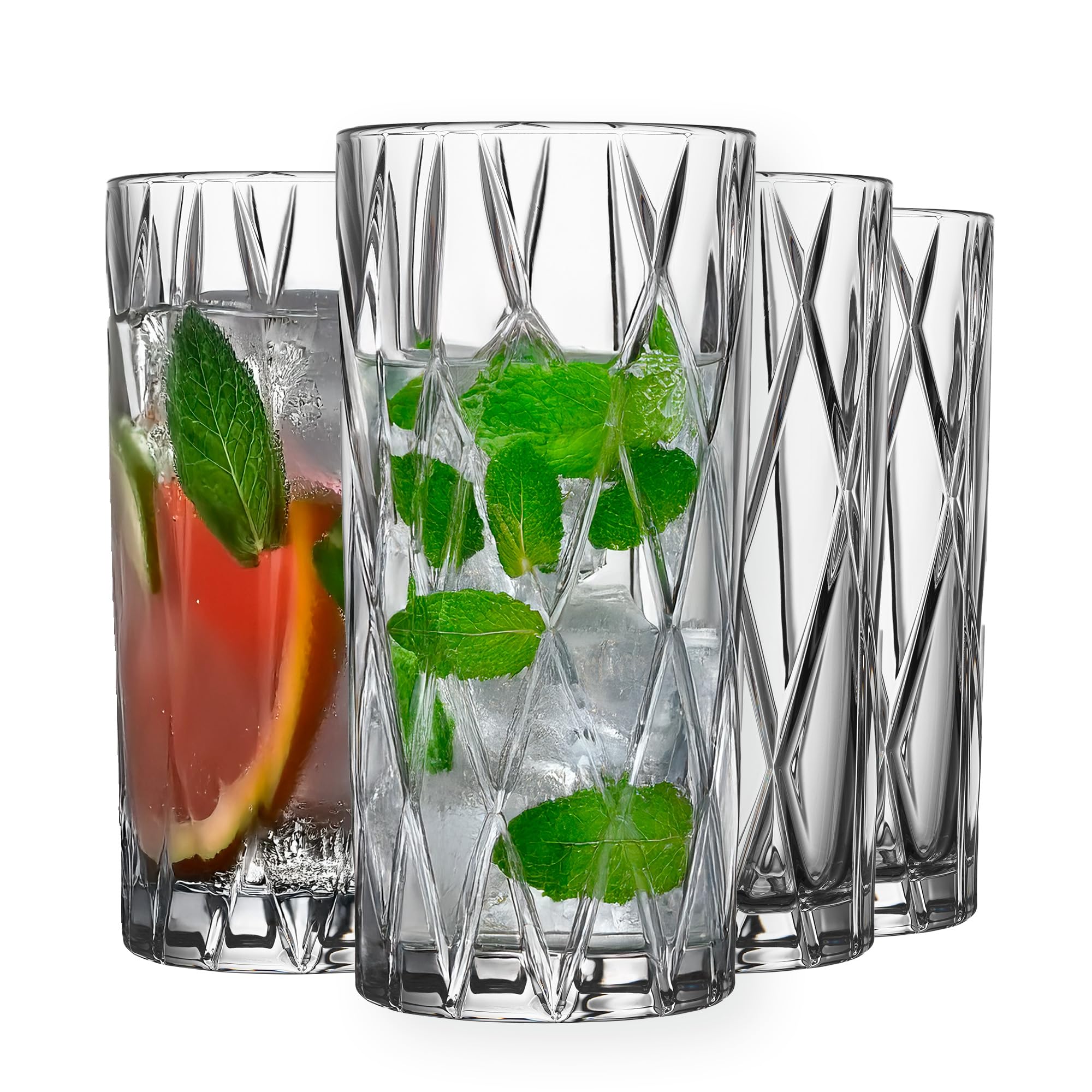 Orrefors City Highball Glass Set of 4 - 12 oz Asymmetric Design Crystal Clear Drinking Glasses for Cocktails, Margaritas, Water, Iced Tea & Soda | Dishwasher Safe Barware | Perfect for Home Bars, Parties & Gift Giving