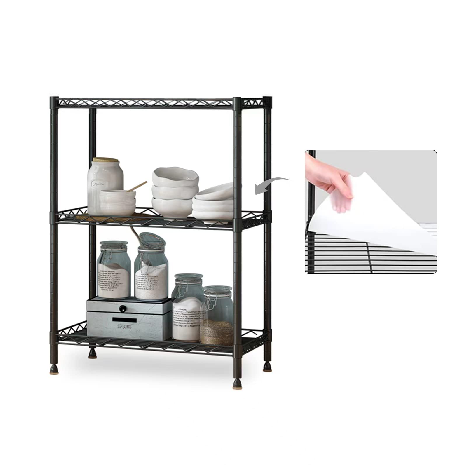 3-Tier Metal Wire Storage Shelf - Heavy Duty Kitchen Organizer Rack with Adjustable Leveling Feet, Black | Perfect for Pantry, Garage & Laundry Room Organization