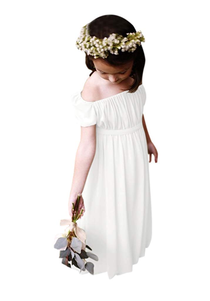 Bohemian Flower Girl Dress for Beach Wedding - Chiffon Off Shoulder Boho Dress for Kids - Floor Length Flower Crown Accessory - Perfect for Outdoor Ceremonies, Garden Parties & Photoshoots