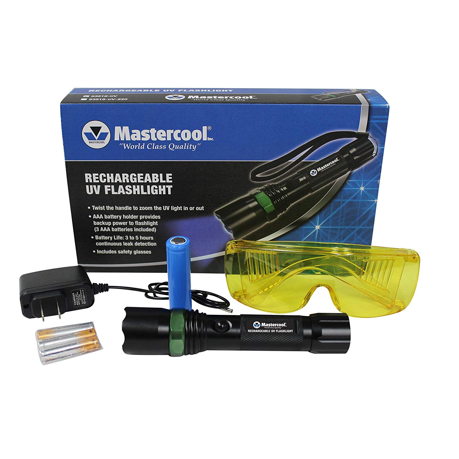 Mastercool 53518 UV Dual Power Rechargeable LED Flashlight - Waterproof, 1000 Lumens for Camping, Hiking, Emergency & Outdoor Adventures