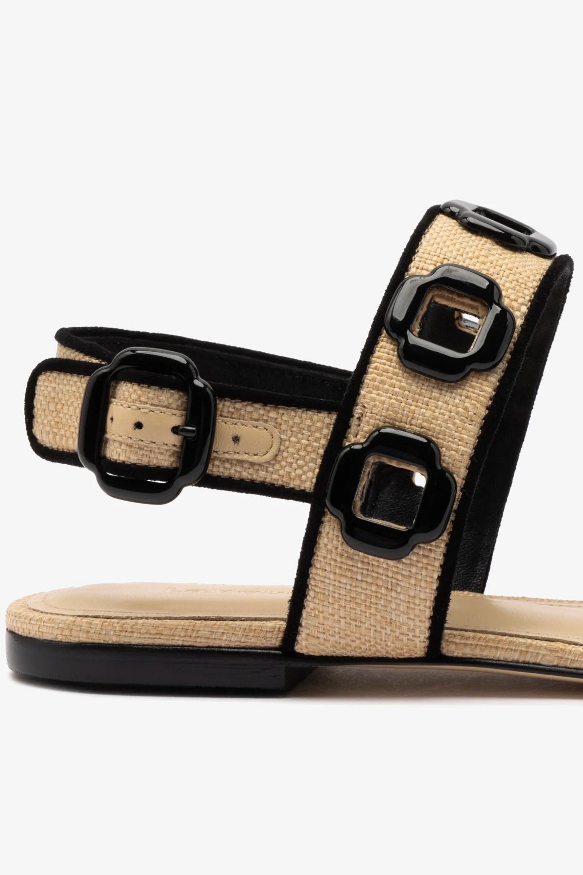 Milan Flat Sandal Women's Beige Raffia Sandals with Black Trim - Comfortable Summer Beach Walking Shoes for Vacation & Casual Outfits