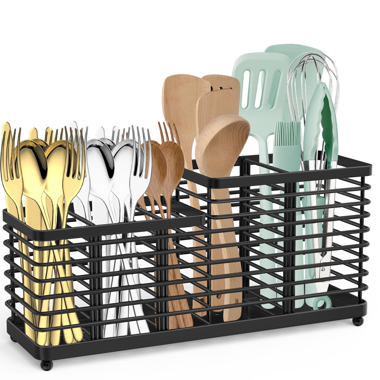 TomCare Extra Large Utensil Holder - Sturdy Metal Kitchen Organizer with 3 Removable Dividers for Spoons, Spatulas & Cutlery - Countertop Storage Caddy for Cooking Tools (Black) | Perfect for Kitchen Counter Organization & Easy Utensil Access While Cooking