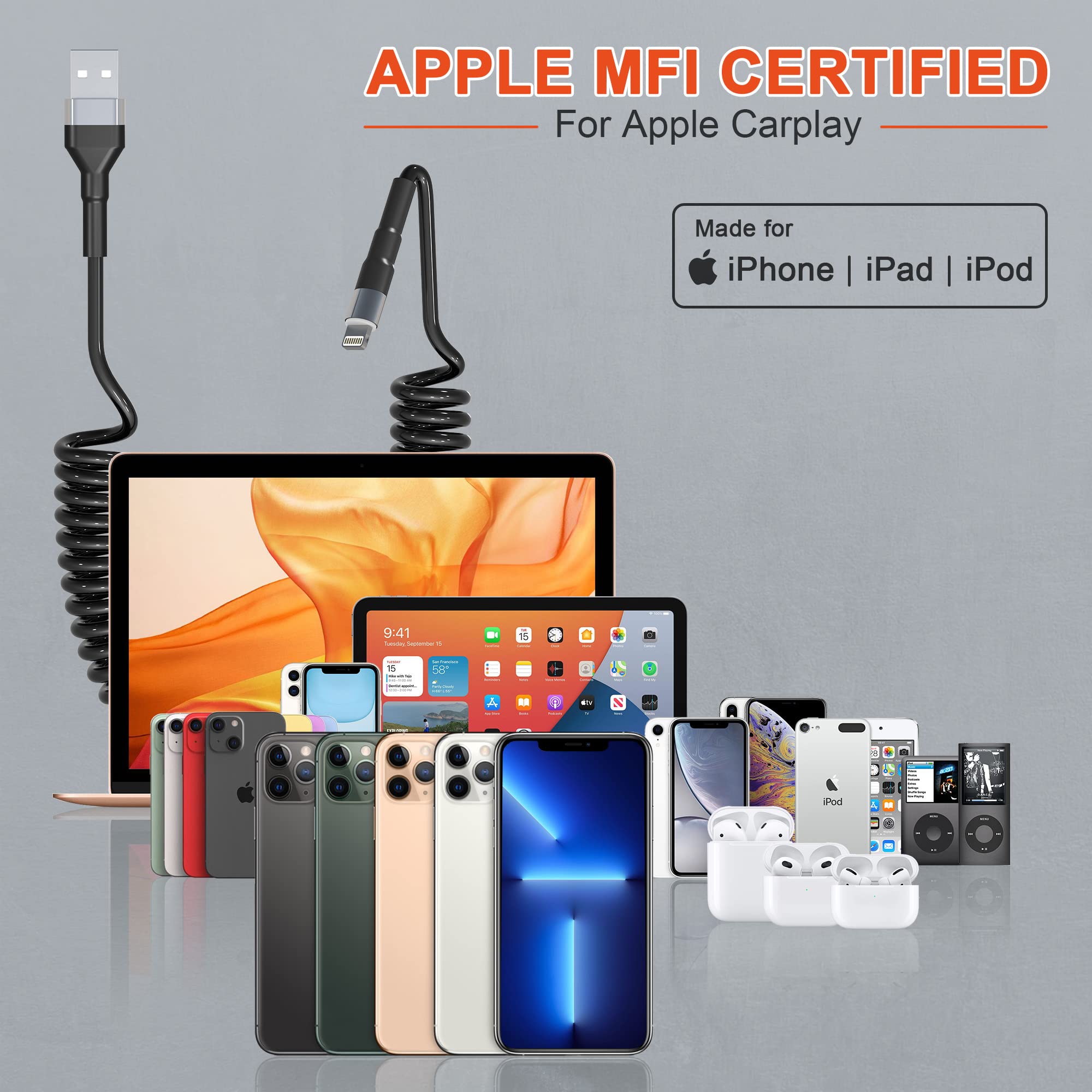 Apple MFi Certified Coiled Lightning Cable - USB to Lightning Retractable Charger Cord with LED & Fast Data Sync for iPhone, iPad, iPod - Perfect for CarPlay, Home & Office Charging