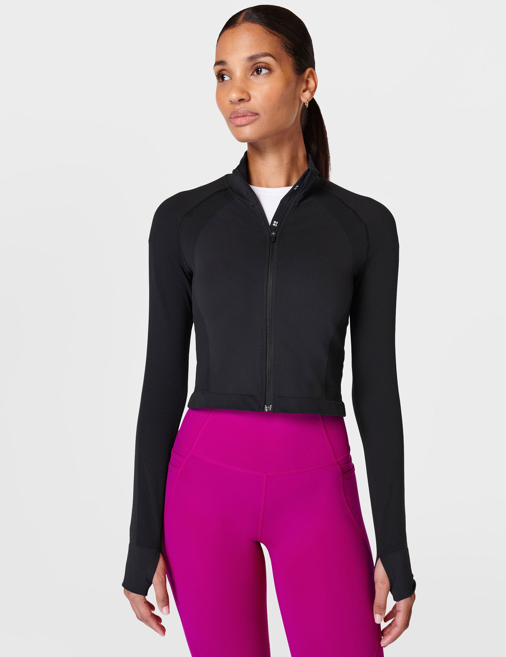Seamless Zip-Up Gym Crop Top for Women - Black | Workout, Yoga & Running Activewear