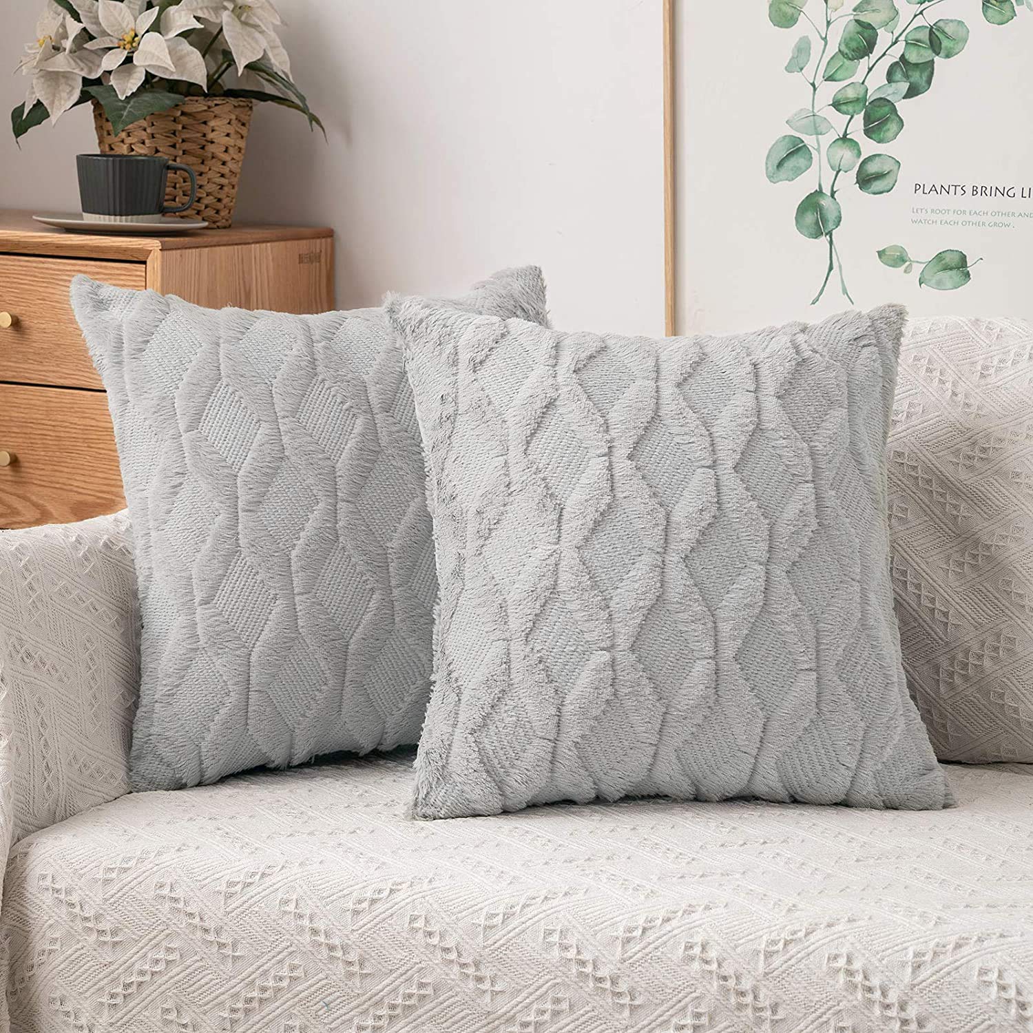 MIULEE Light Gray Throw Pillow Covers 16x16 Set of 2 - Soft Plush Farmhouse Decorative Pillow Cases with Boho Shell Design for Couch, Sofa, Bedroom & Living Room - Cozy Winter Home Decor Accents