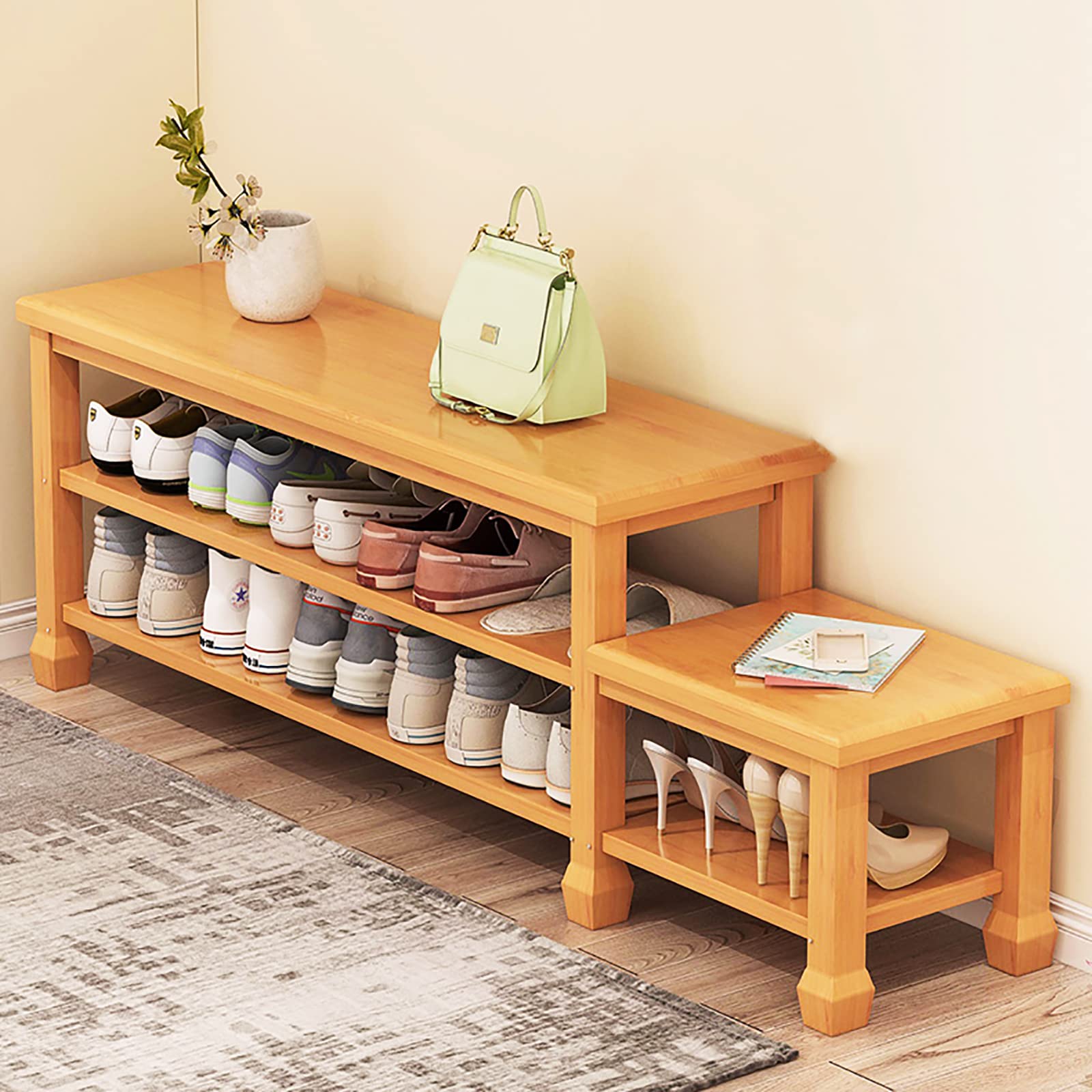 Natural Bamboo Shoe Bench for Adults & Kids - Vintage Entryway Shoe Rack & Storage Organizer - Thickened Solid Bamboo (35x12x18 Inches) - Perfect for Hallway, Bedroom & Mudroom Organization
