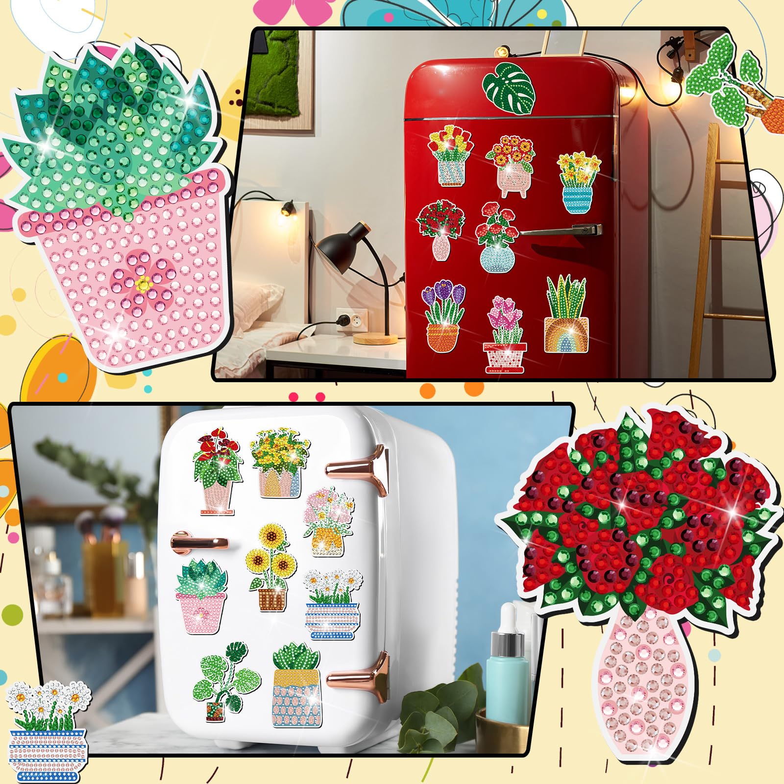 Remuuly 30 Pcs Diamond Painting Magnets Kit - Spring Themed DIY Art Crafts with Animal, Flower & Cupcake Rhinestones for Adults - Refrigerator Stickers & Fridge Decor - Perfect for Home Decoration, Gift Giving & Relaxation Activities (Spring Collection)