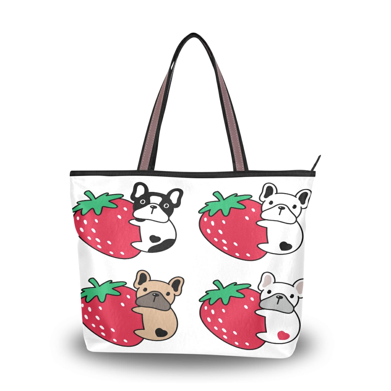 French Bulldog Strawberry Print Tote Bag for Women - Reusable Shoulder Handbag for Beach, Travel & Shopping - Cute Dog Lover Gift & Fashion Accessory