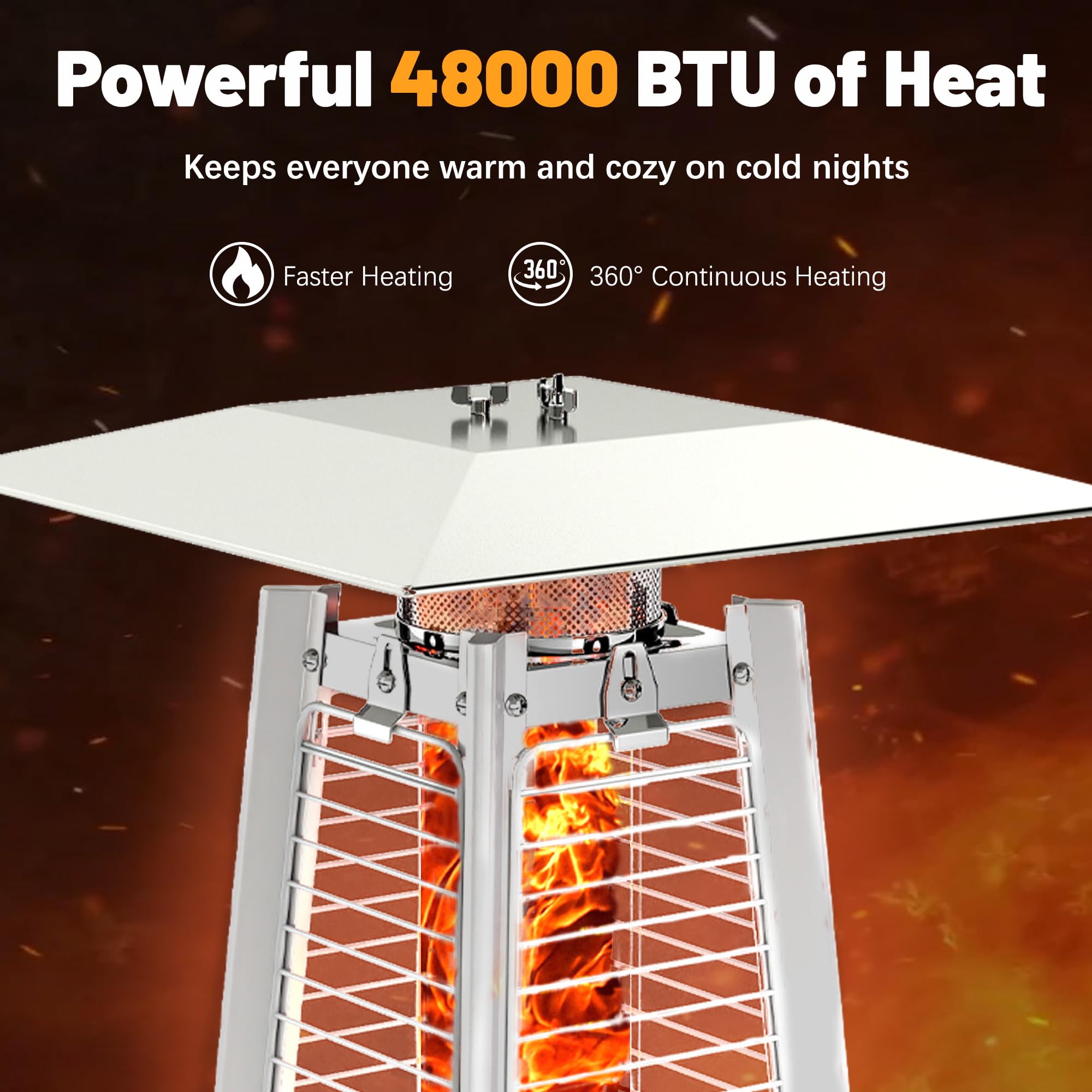FOOWIN 48,000 BTU Outdoor Propane Patio Heater with Detachable Table, Wheels & Waterproof Cover - Hammered Bronze Quartz Glass Tube Heater for Backyard, Deck, Restaurant & Garden Parties