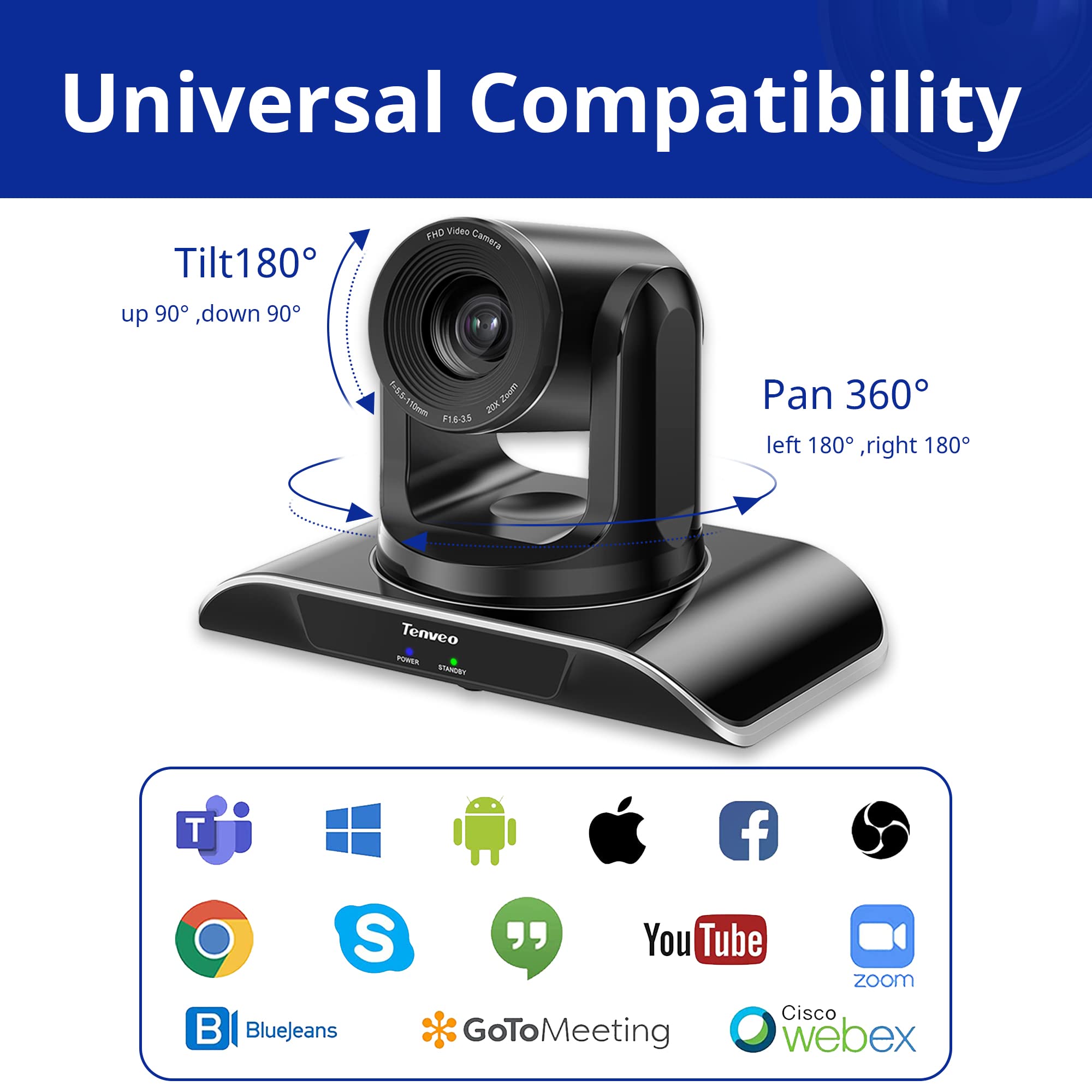 Tenveo 20X Optical Zoom PTZ Conference Camera with SDI/USB/HDMI/RJ45 - Full HD 1080P 60FPS Webcam for Live Streaming, Video Conferencing (Zoom/Skype/Teams) - Ideal for Online Meetings, Church Services, Education & YouTube/OBS Streaming