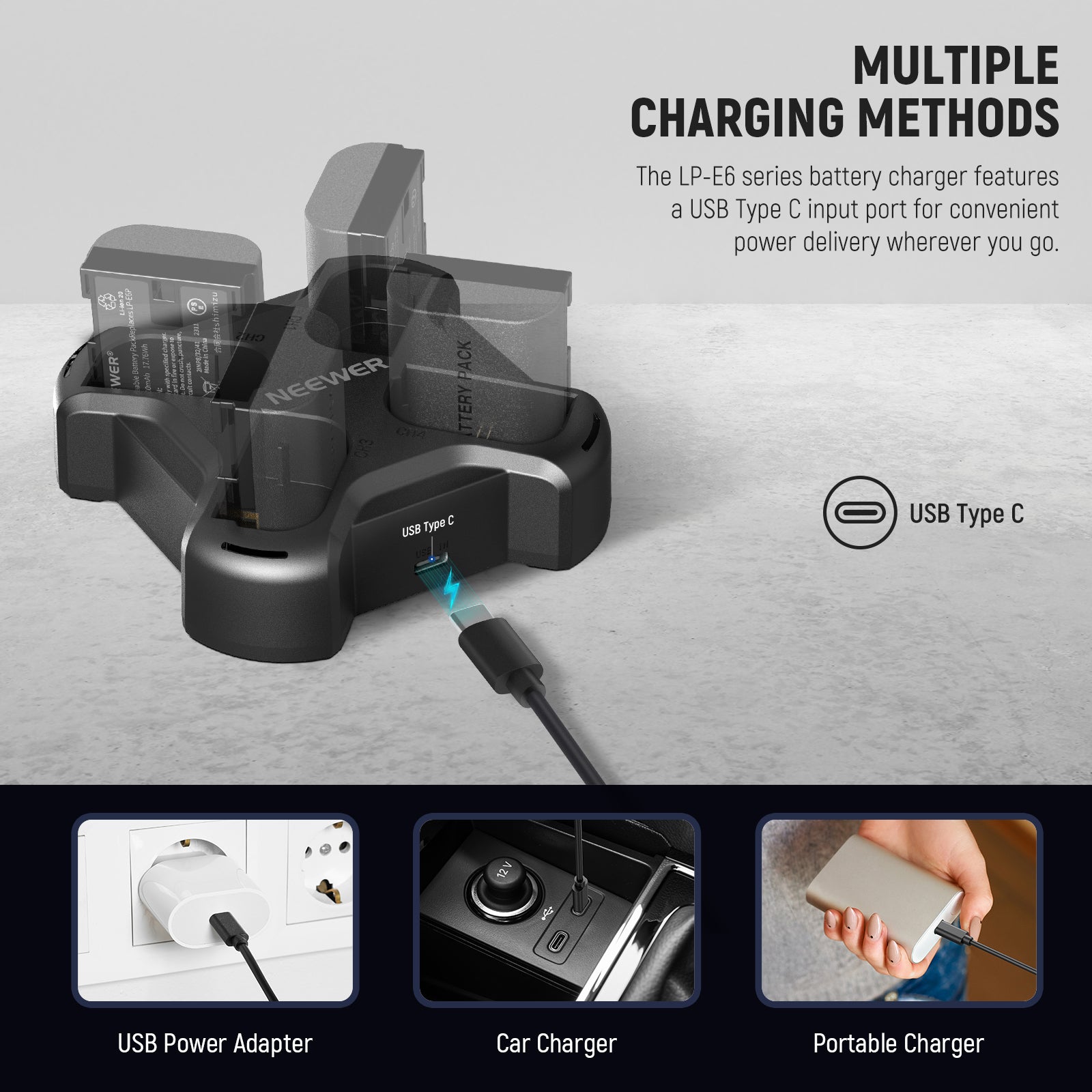 NEEWER NW P4 LP E6 Battery Charger with PD 60W Fast Charging - Compatible with DSLR Cameras, Mirrorless Cameras & Drones - Perfect for Travel, Photography & Outdoor Adventures