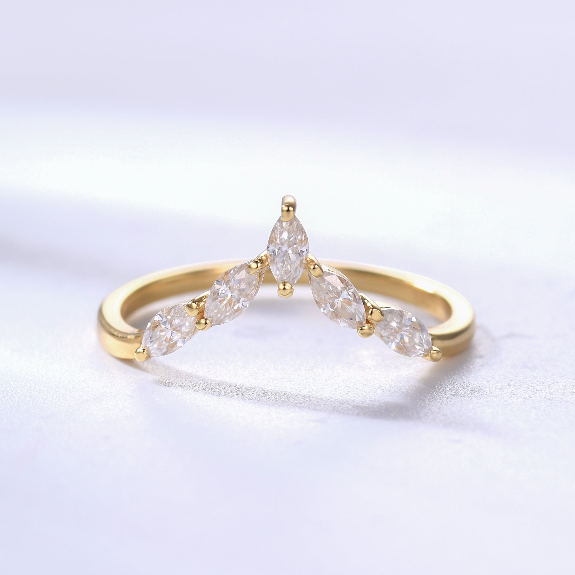 14K Yellow Gold Marquise Moissanite Wedding Ring Set - Curved Chevron Matching Band for Women, Bridal Jewelry, Anniversary Gift, Engagement Ring Alternative for Special Occasions