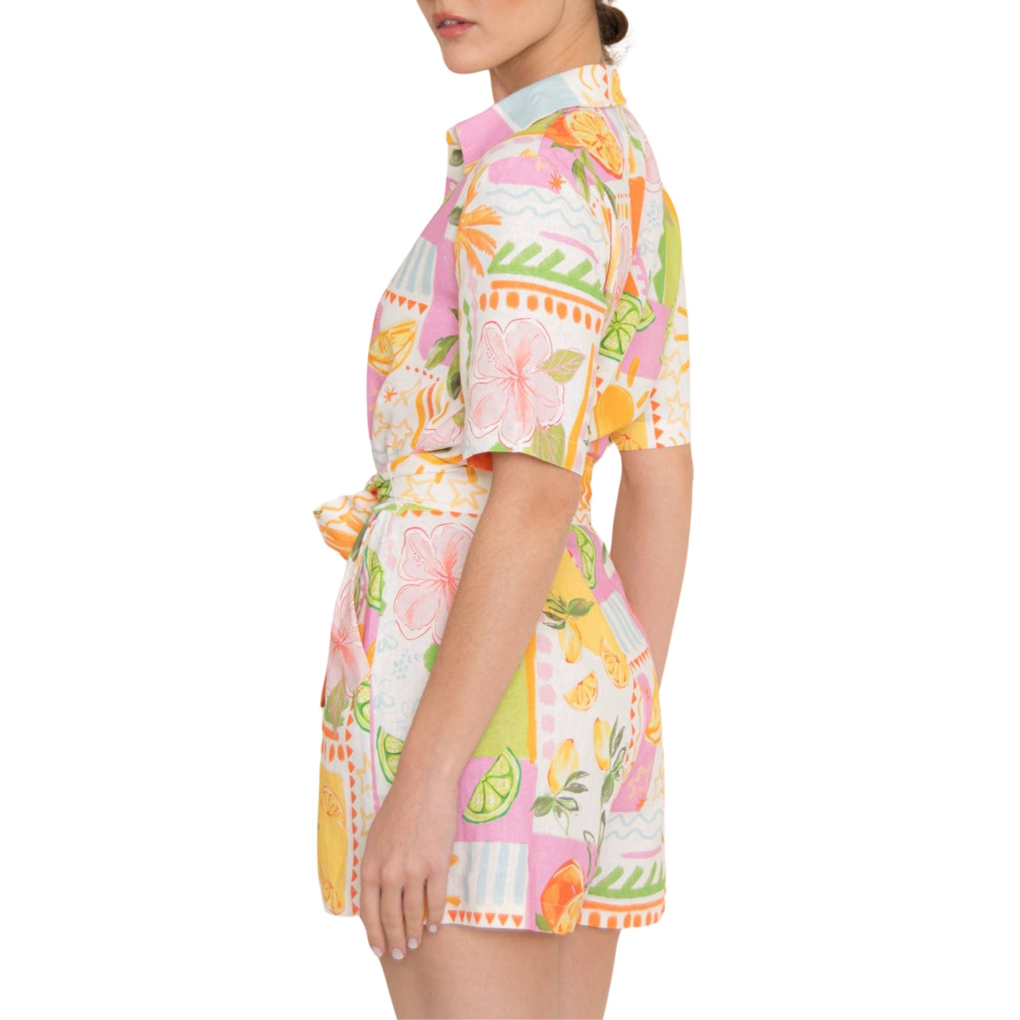Vintage Citrus Fruit Print Romper - Retro 70s Style Jumpsuit for Women, Summer Casual Outfit, Beach Party & Music Festival Fashion