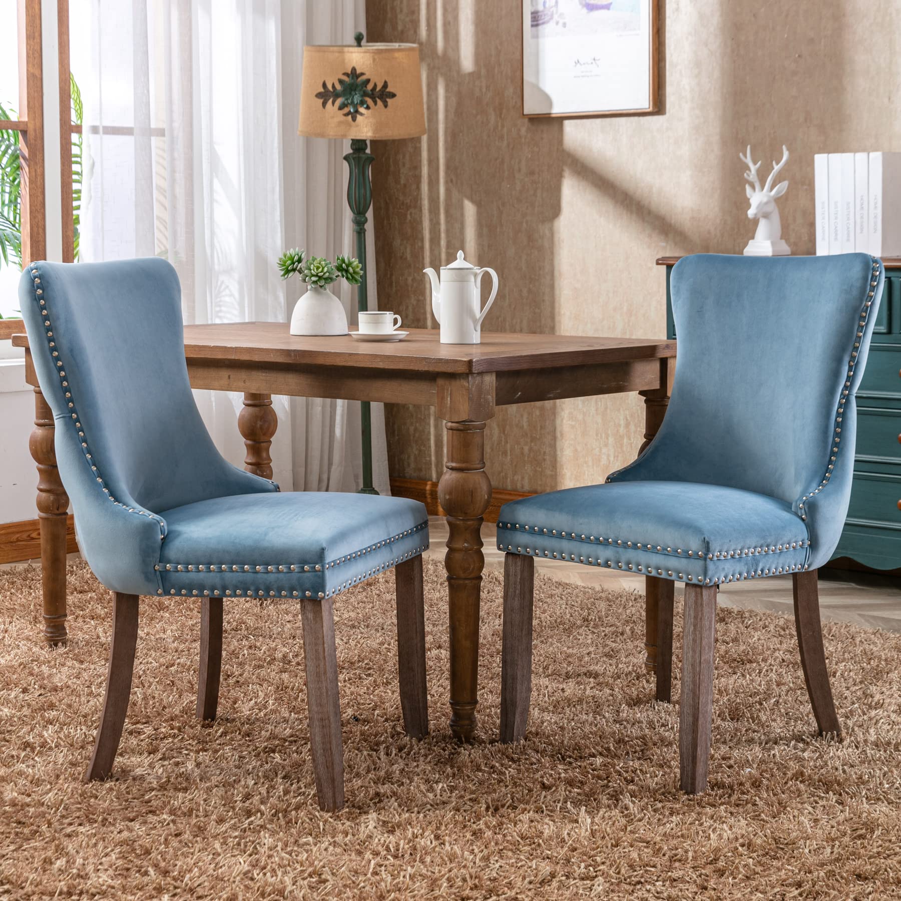Luxury Velvet Upholstered Dining Chairs Set of 2 - Wingback Accent Chairs with Solid Wood Legs, Nailhead Trim & Button Tufted Back - Elegant Kitchen & Dining Room Decor for Home, Restaurant, Wedding (Light Blue)