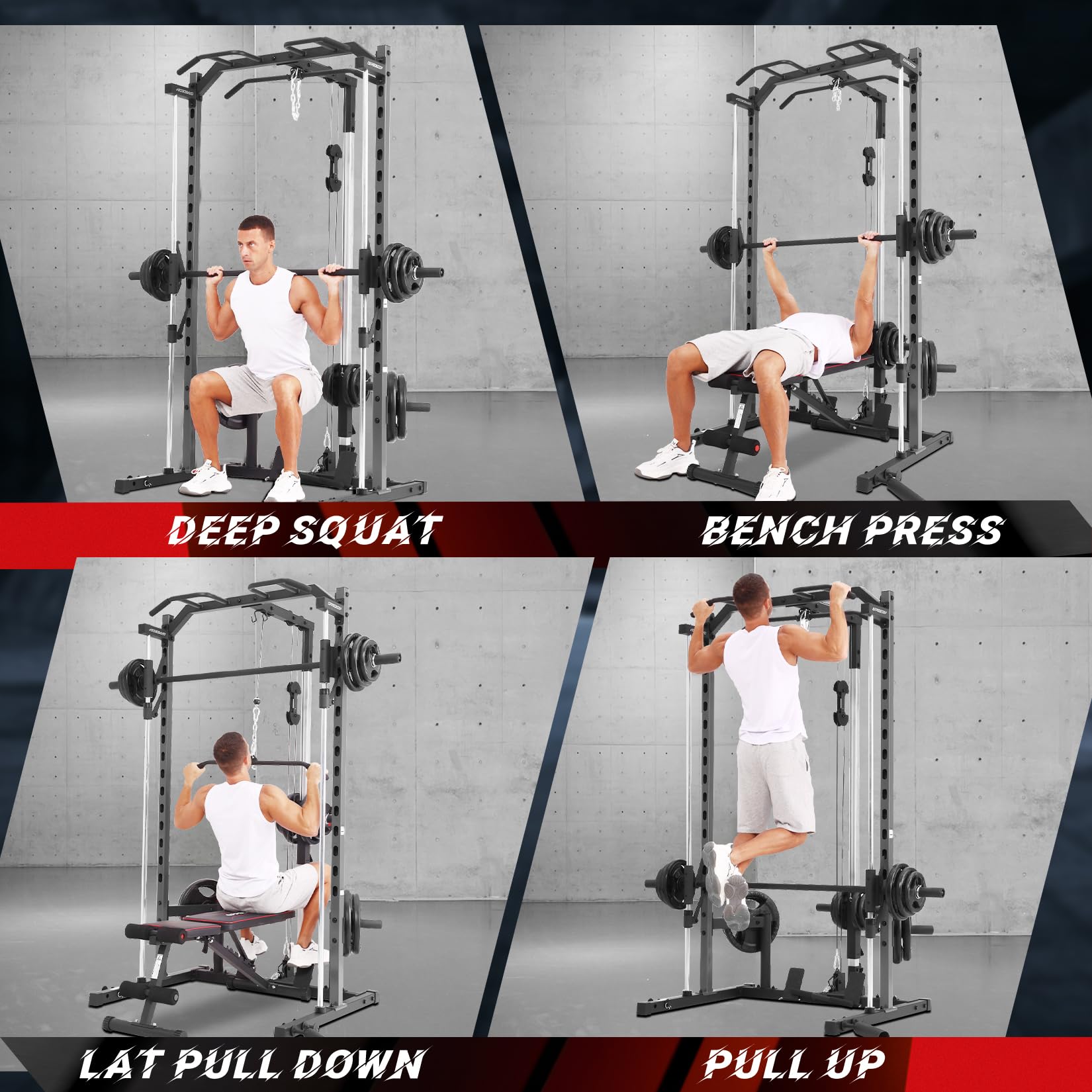 OPPSDECOR Smith Machine Squat Rack with LAT Pull Down - Multifunctional Power Cage with Cable Crossover & Barbell Bar - Full Body Workout Equipment for Home & Garage Gym - Perfect for Strength Training, Weight Lifting, and Fitness Enthusiasts