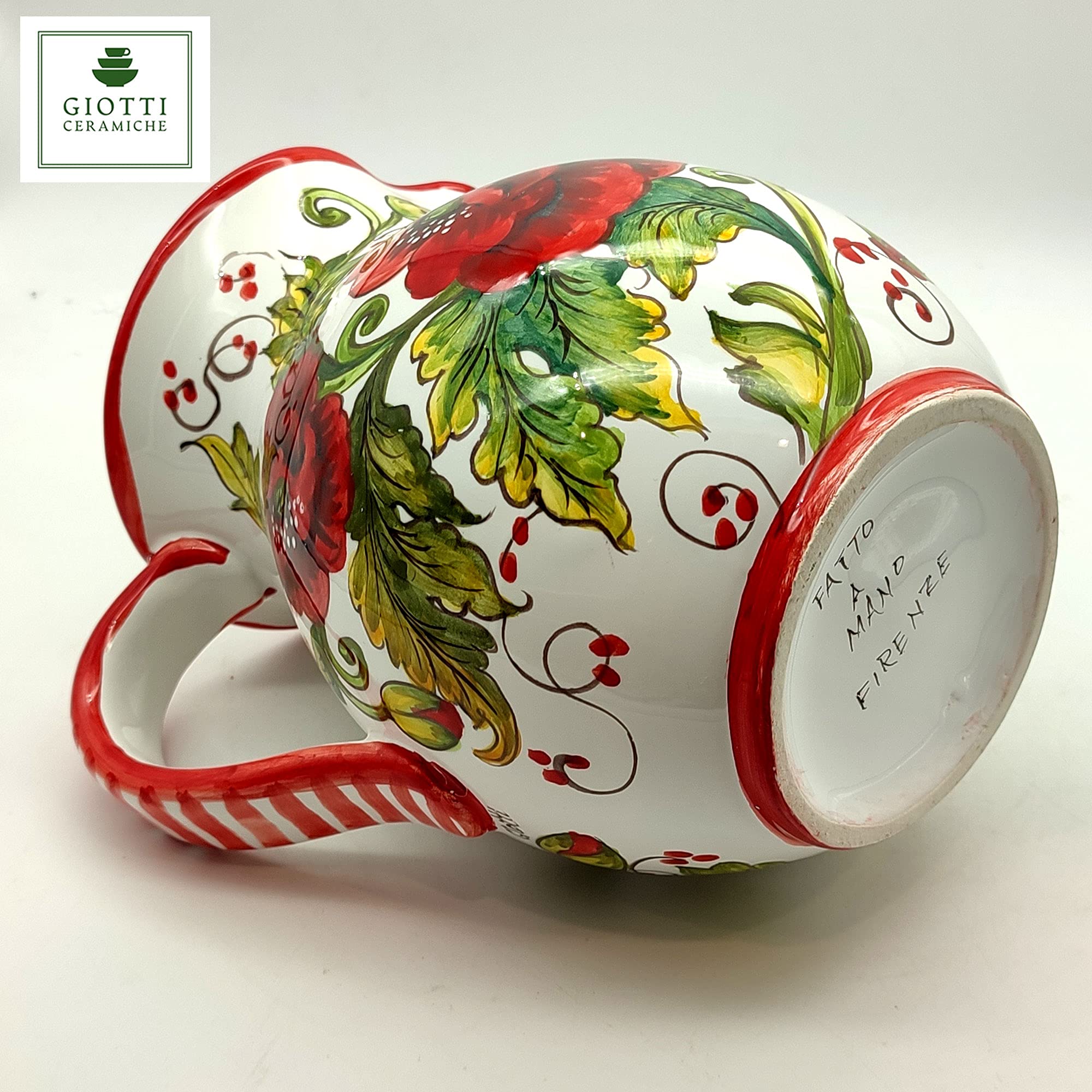Italian Ceramic Pitcher with Poppies & Sunflower Design - 33 oz Hand-Painted Kitchen Utensil Holder, Carafe & Wine Decanter - Authentic Tuscan Pottery from Italy - Elegant Home Decor for Dining Room, Kitchen & Wine Bar