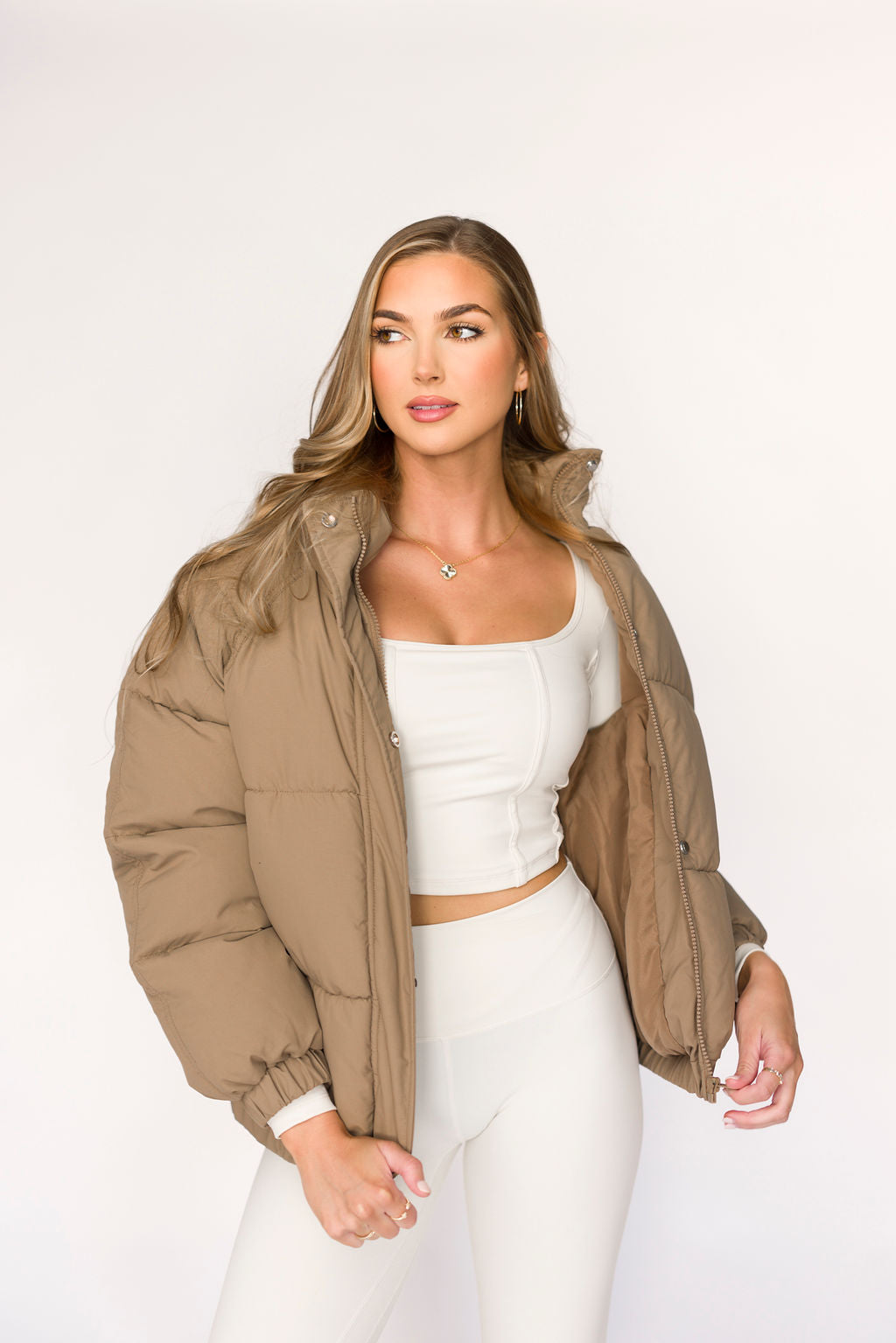 Khaki Jasmine Oversized Puffer Jacket - Women's Winter Coat for Cold Weather, Streetwear Fashion & Outdoor Activities