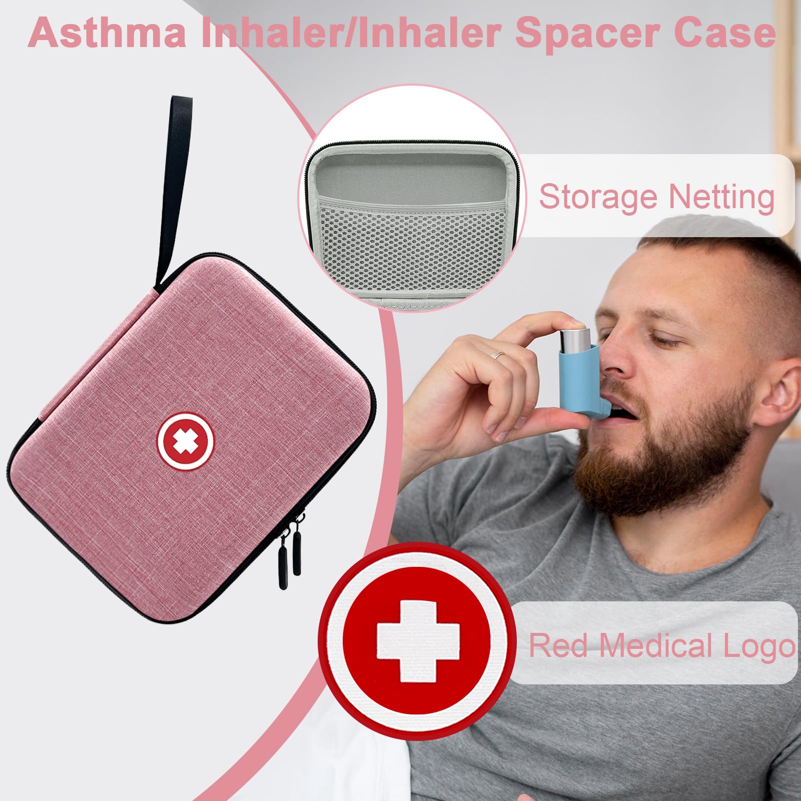 Asthma Inhaler Travel Case - Portable Hard Shell Organizer for Kids & Adults with Mesh Pocket - Holds Inhaler, Spacer, Masks & Medicine Accessories - Pink (Case Only) - Perfect for Travel, School & Daily Use