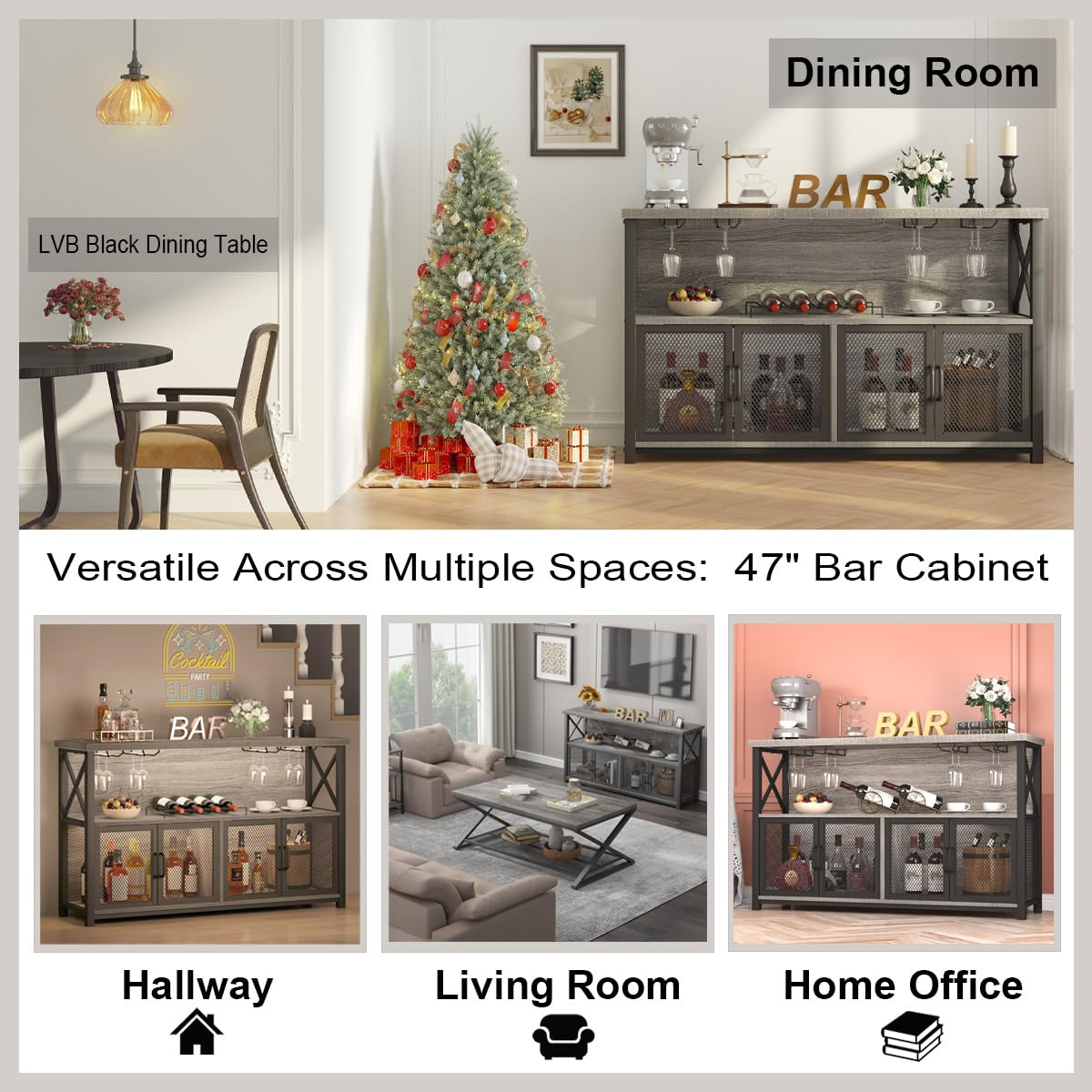 LVB Industrial Farmhouse Coffee Bar Cabinet with Wine Rack Storage - Modern Sideboard Buffet for Liquor, Glasses & Kitchen Essentials - Light Grey Oak 47 Inch for Dining Room, Living Room & Home Bar Decor