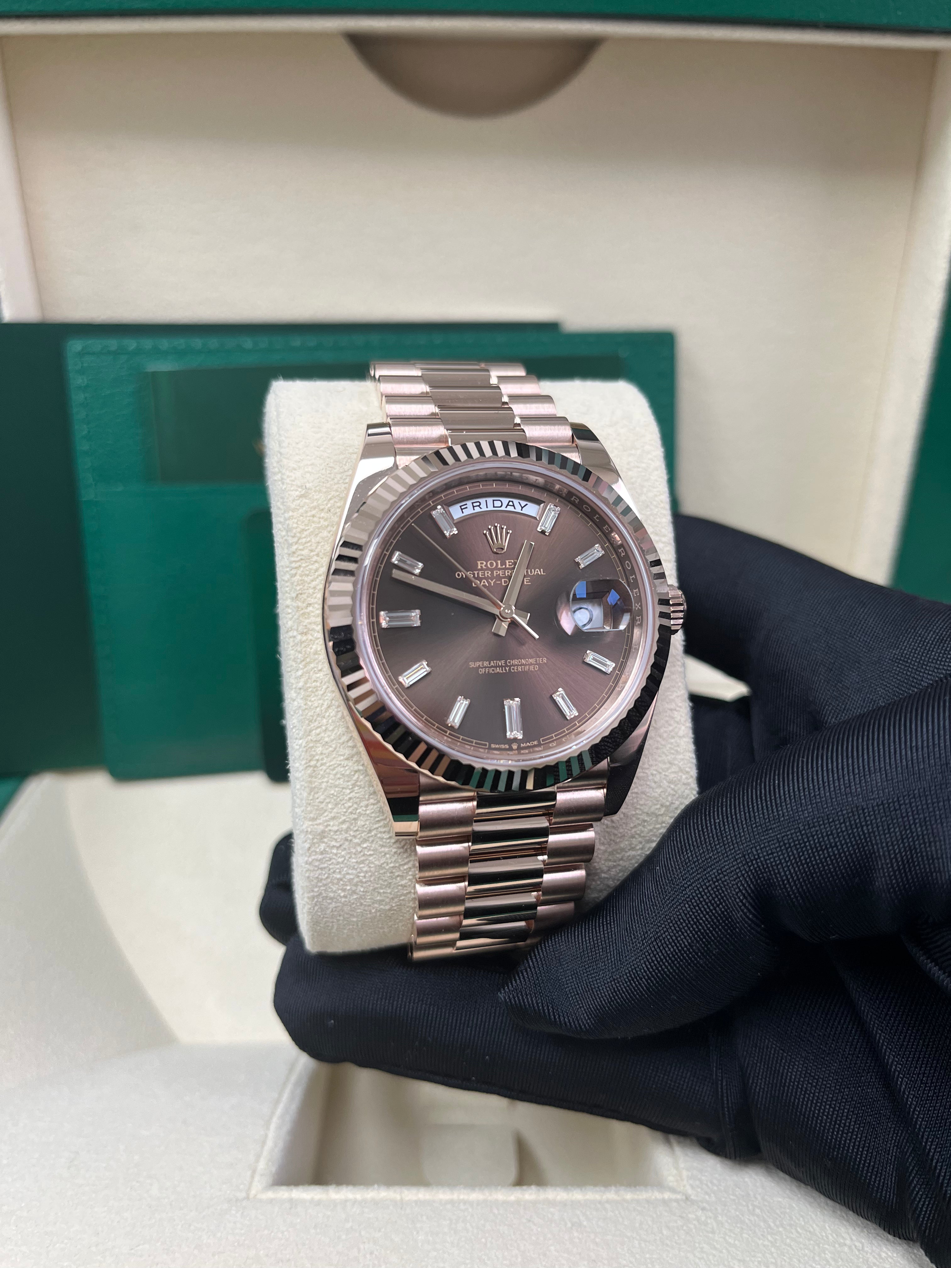 Rolex Day-Date 40 Rose Gold Men's Watch with Fluted Bezel & Chocolate Baguette Diamond Dial - Model 228235 | Luxury Dress Watch for Business & Formal Occasions