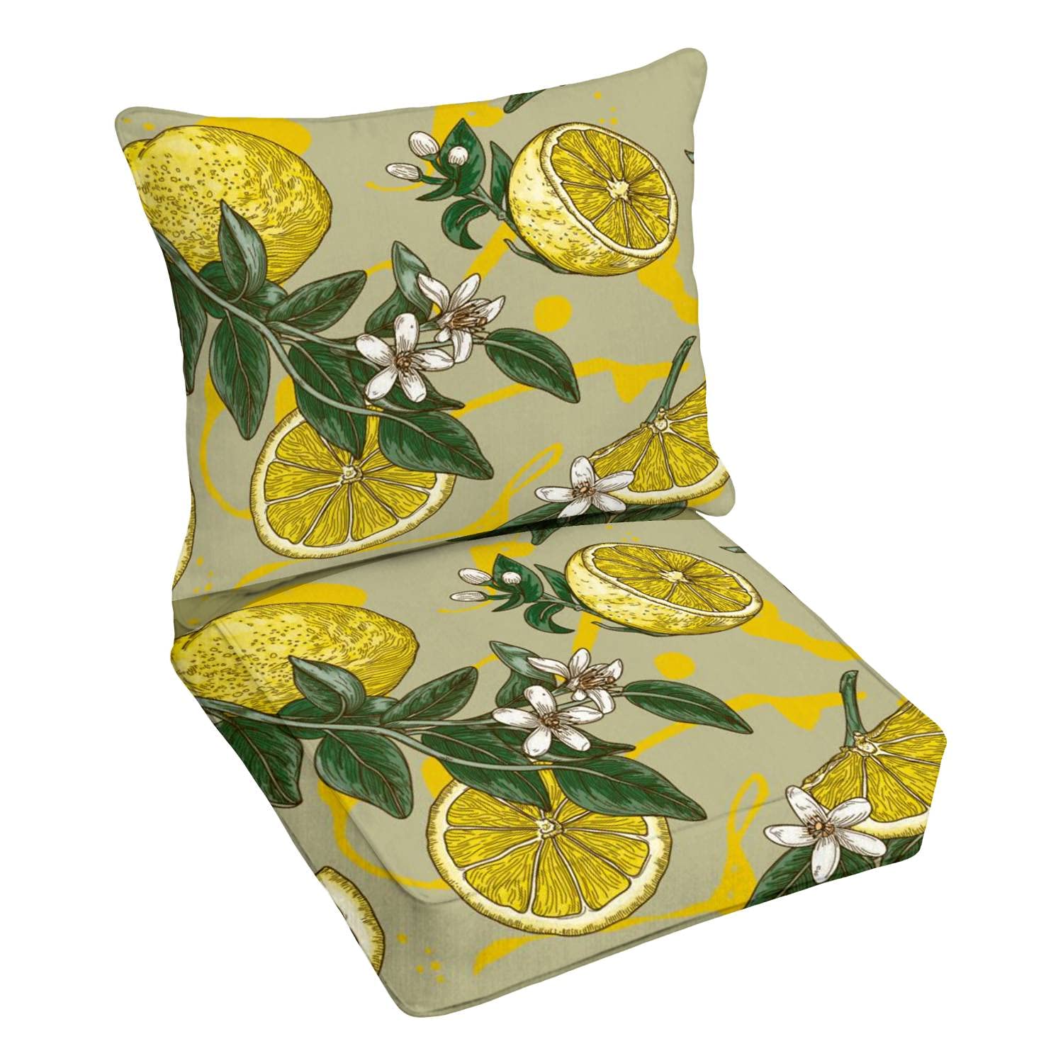 Vintage Lemon Citrus Blossom Outdoor Deep Seating Cushion Set - Premium Patio Furniture Replacement Cushions for Lounge Chairs & Conversation Sets - Waterproof & Comfortable Back Seat Cushions - Perfect for Poolside Lounging, Garden Relaxation and Outdoor Entertaining