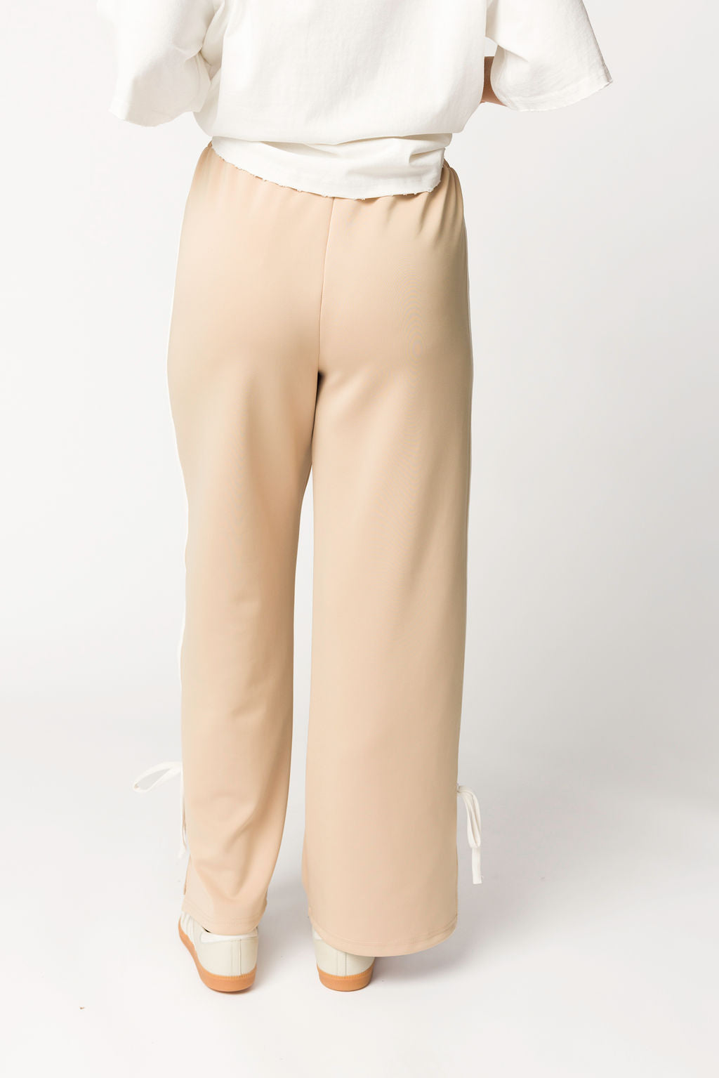 Women's Murphy Track Pants with Bow Detail - Comfortable Taupe/White Athletic Pants for Yoga, Running & Lounge Wear