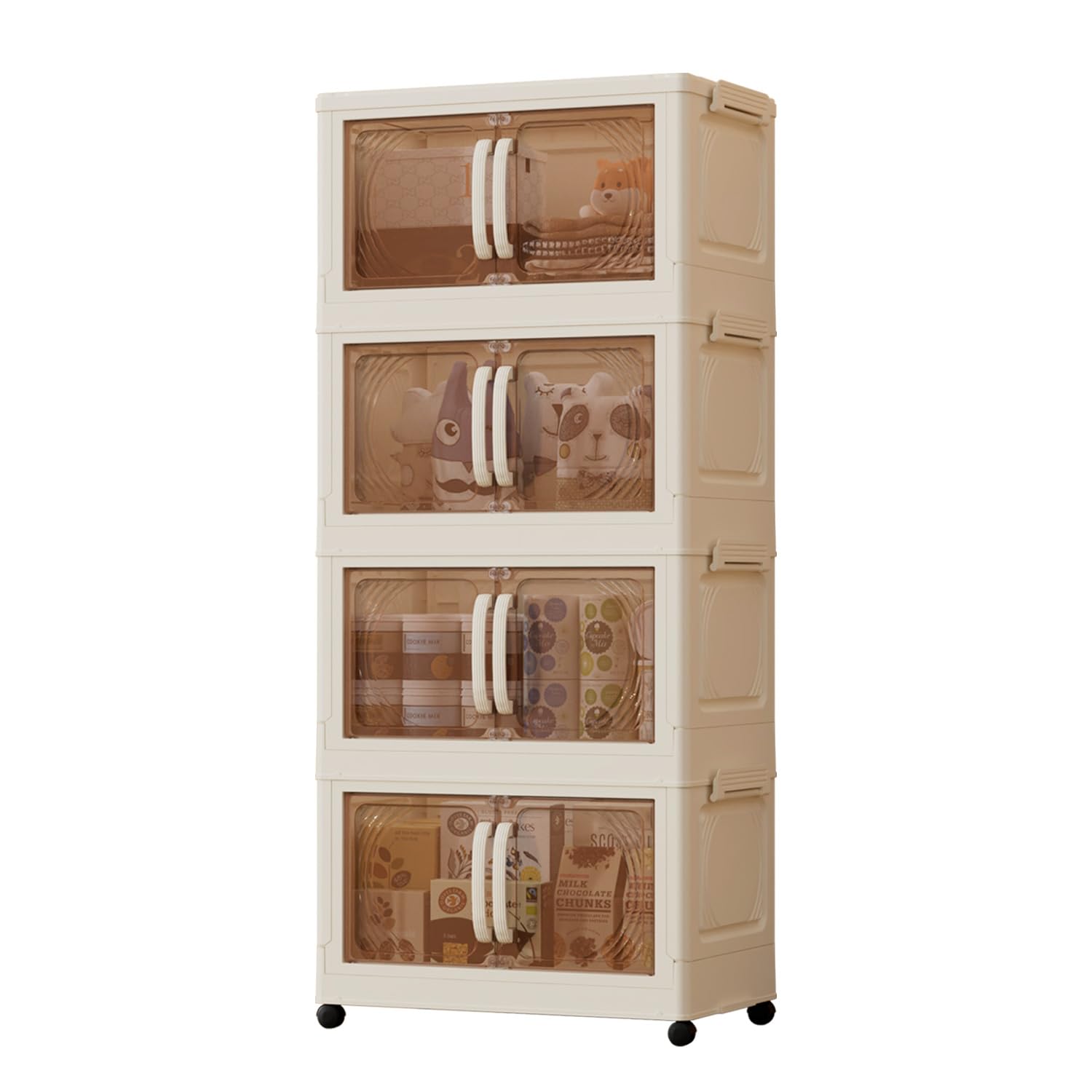 Karramlili Stackable Storage Bins with Wheels - 4-Tier 112Qt Collapsible Closet Organizer with Doors for Home & Office Organization | Space-Saving Storage Containers for Clothes, Toys, Books & Office Supplies