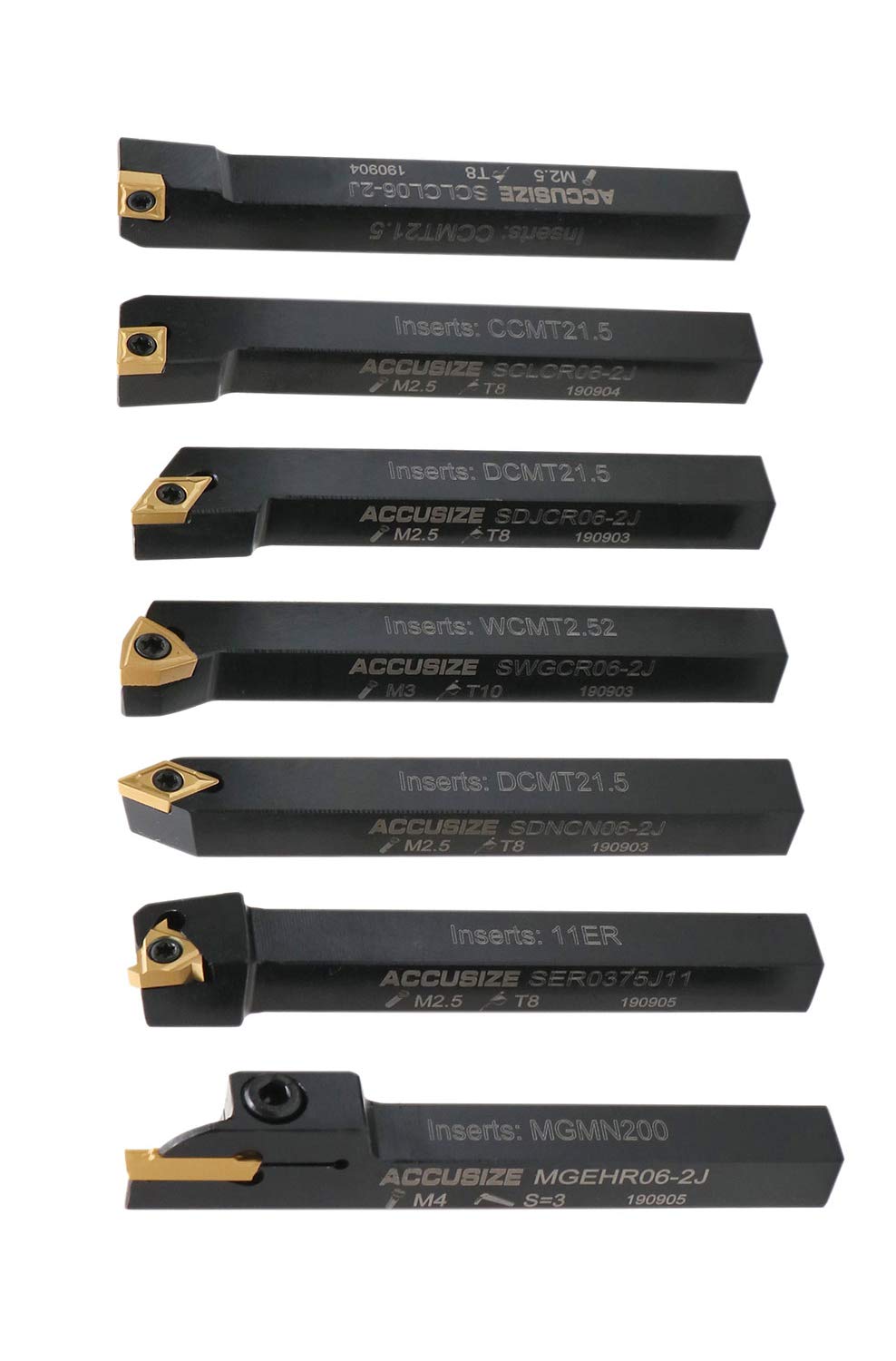 Accusize 3/8'' Shank 7-Piece Indexable Carbide Turning Tool Set with Fitted Case (2387-2003) - Perfect for Lathe Turning, Facing, and Threading Operations in Metalworking