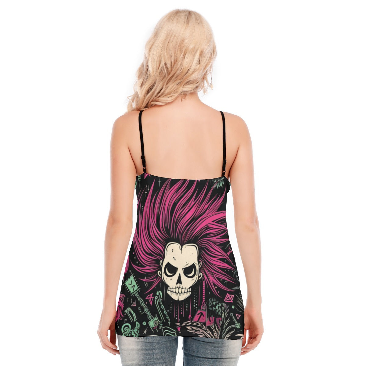 Punk Rock Skull Girl V-Neck Lace-Up Cami Top - Gothic Fashion, Alternative Clothing for Concerts & Night Out
