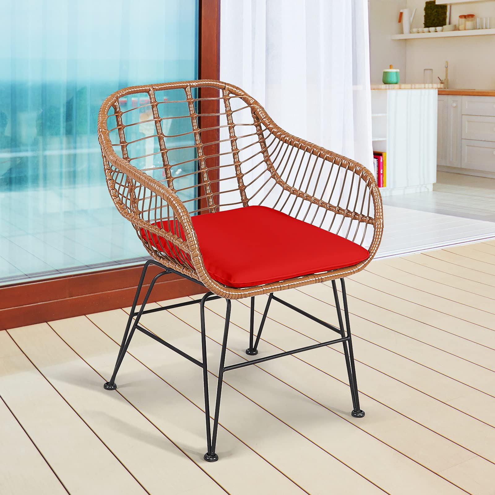 RELAX4LIFE 3-Piece Outdoor Patio Furniture Set - Rattan Bistro Table with Tempered Glass Top & 2 Wicker Armchairs - Perfect for Garden, Backyard, Porch, Balcony - Red Wicker Conversation Set for Relaxing & Entertaining Guests