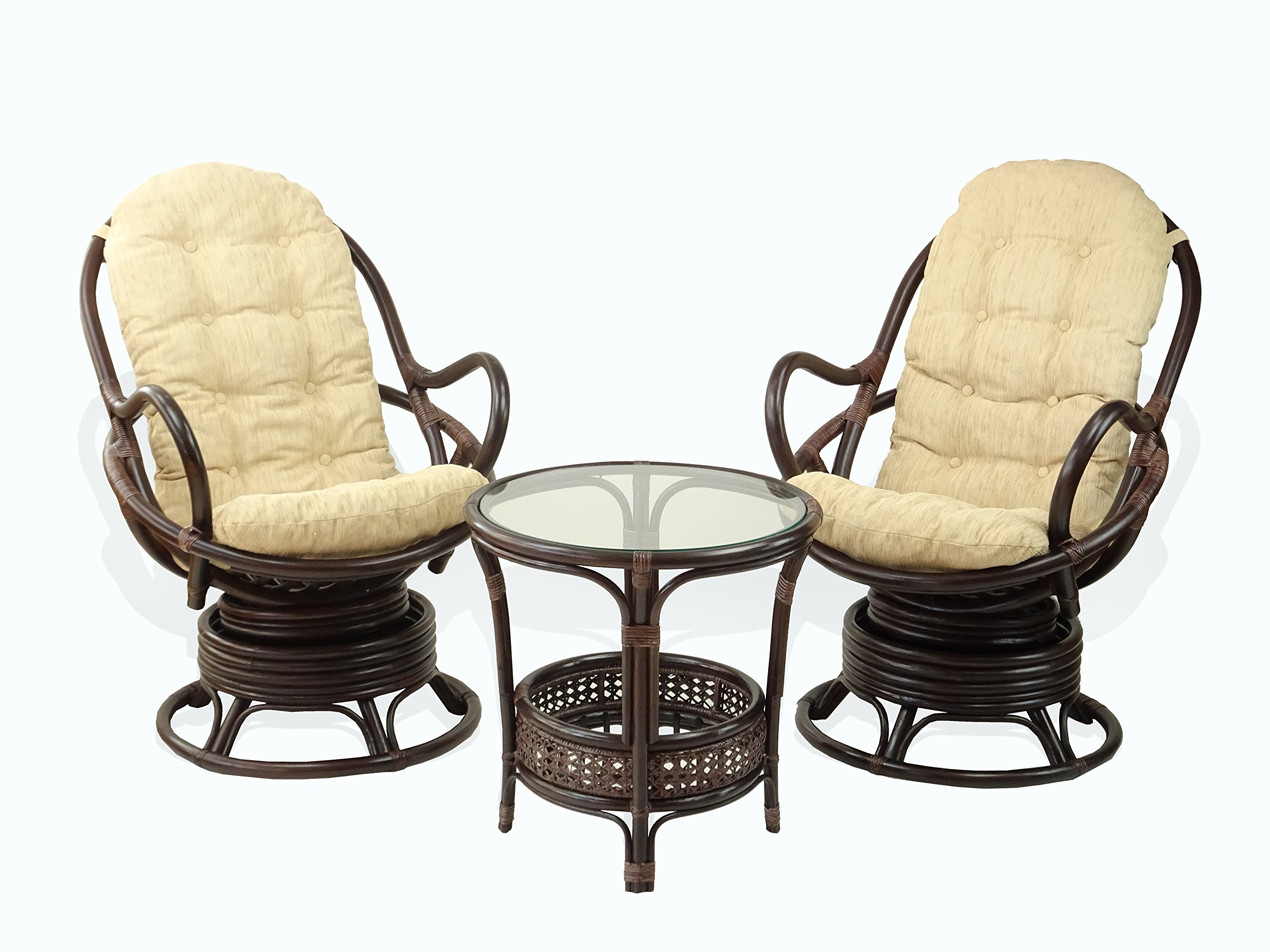 Natural Rattan Wicker Swivel Rocking Chair with Cream Cushion - Dark Brown Lounge Java Chair for Living Room, Patio, or Sunroom Relaxation