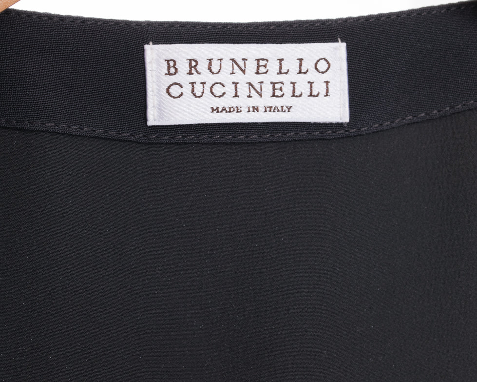 Brunello Cucinelli Grey Silk Sleeveless Maxi Dress with Copper Bead Fringe - Size M | Elegant Evening Gown for Weddings, Galas & Special Occasions