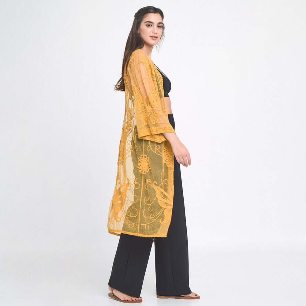 Yellow Mustard Butterfly Lace Kimono Cover Up - Beach Poncho for Women, Summer Boho Chic Swimwear Coverup, Perfect for Poolside, Vacation & Music Festivals
