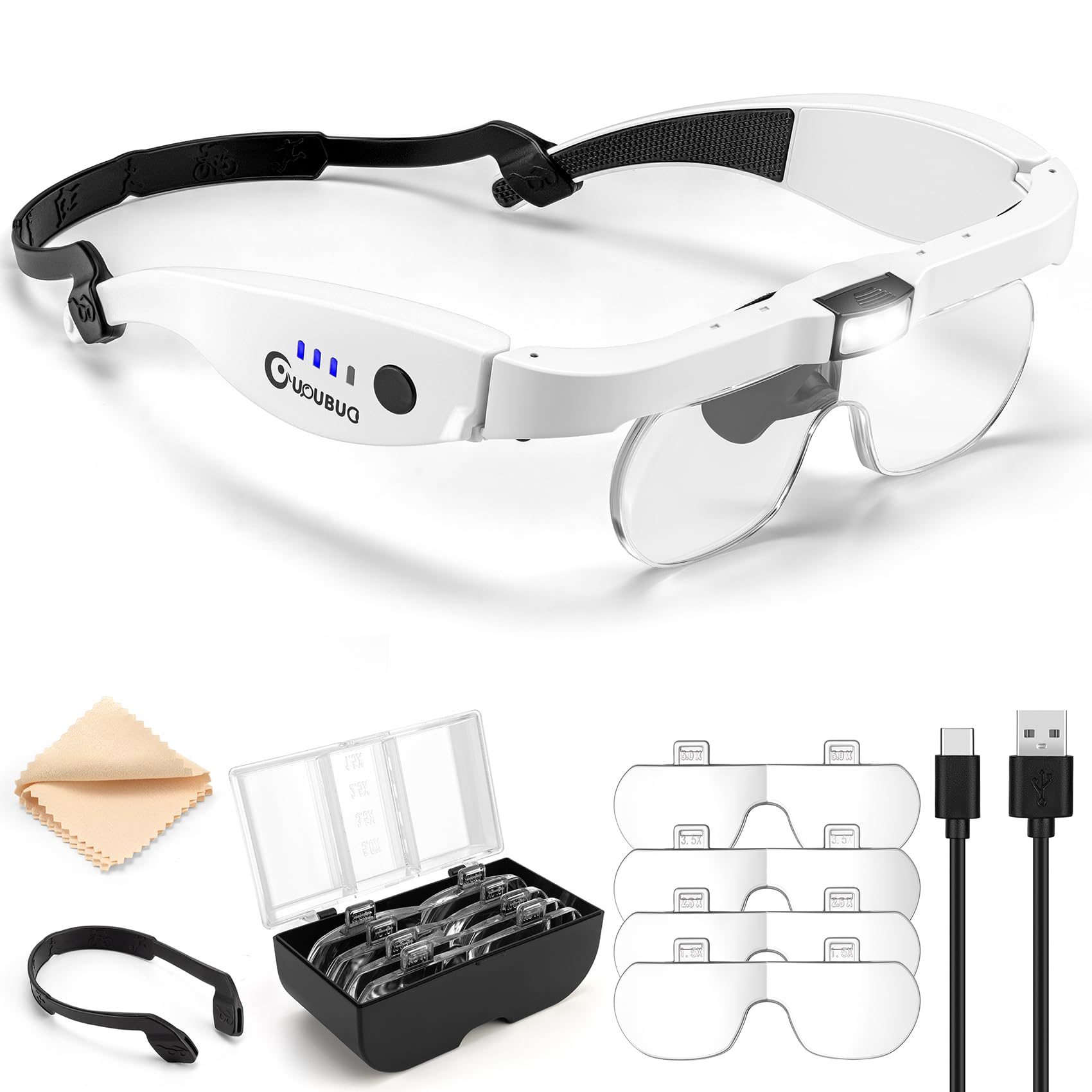 Rechargeable Magnifying Headset with LED Light - 1.5X to 5.0X Adjustable Magnification, 4 Detachable Lenses for Jewelry Making, Watch Repair, Reading & Crafting | Hands-Free Illuminated Magnifier for Detailed Work