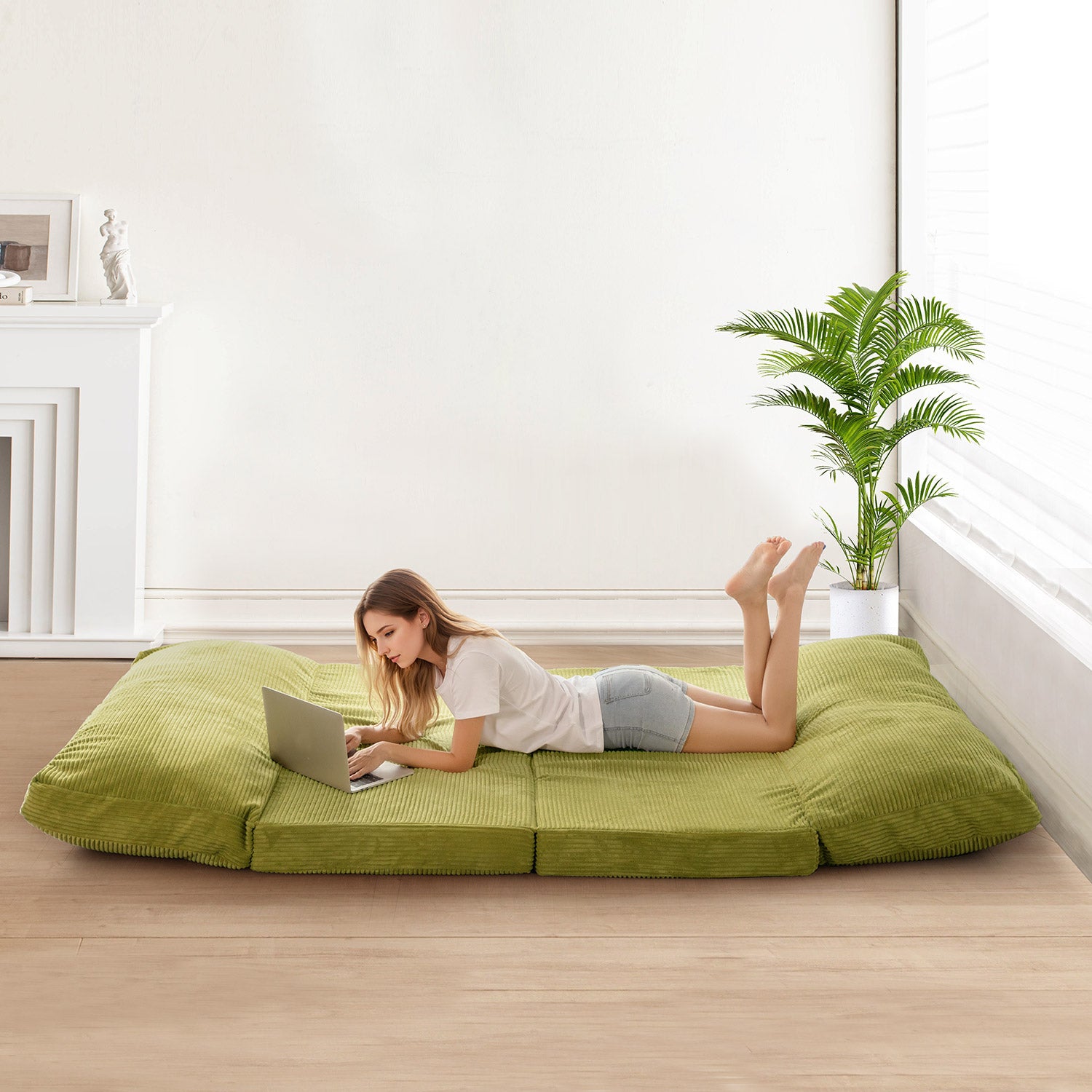 MAXYOYO Corduroy Bean Bag Sofa Bed - Washable Green Floor Couch for Living Room, Bedroom & Game Room - Comfortable Lounge Chair for Relaxing, Reading & Napping