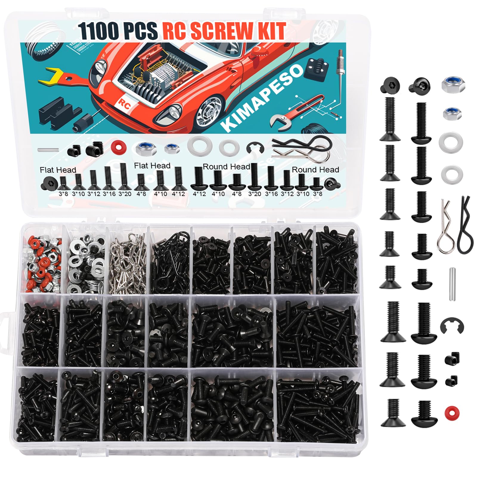 1100 PCS RC Screw Kit - Universal RC Car Repair Tool Set for Traxxas, HPI, HSP, Axial, Redcat, Arrma, Losi - Compatible with 1/8, 1/10, 1/12, 1/16 Scale RC Cars, Trucks & Crawlers - Perfect for Maintenance, Upgrades & DIY Repairs