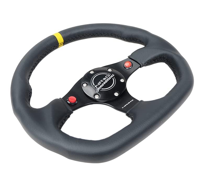 NRG Innovations 320mm Flat Bottom Sport Steering Wheel - Leather Wrapped, Reinforced Design, Dual Push Buttons with Yellow Center Mark - Perfect for Racing Simulators & Performance Car Upgrades
