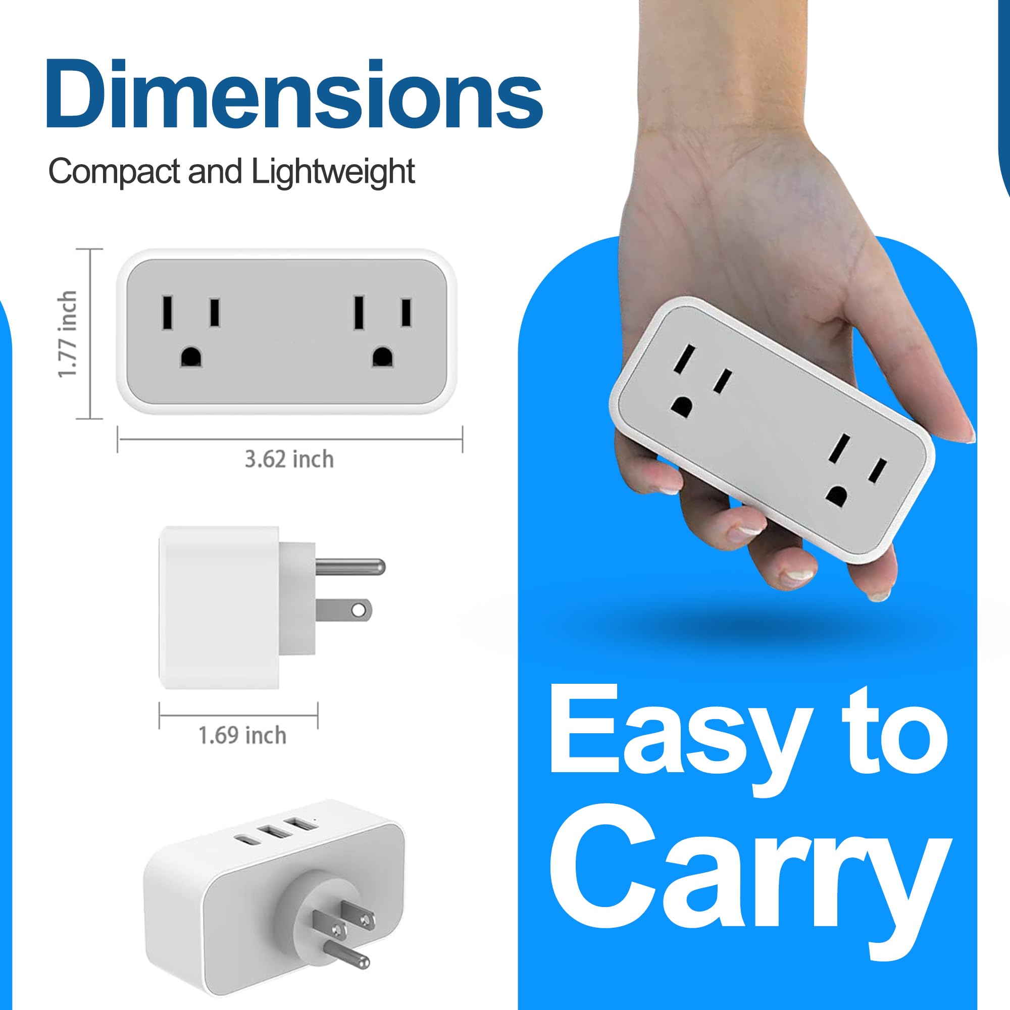 3-in-1 Wall Outlet Splitter with 2 AC Outlets & 3 USB Ports | Multi Plug Adapter for Cruise Ships, Travel, Home & Office | Space-Saving Power Strip for Dorm Essentials (White, 2-Pack) | Perfect for Charging Phones, Laptops & Small Appliances Simultaneously