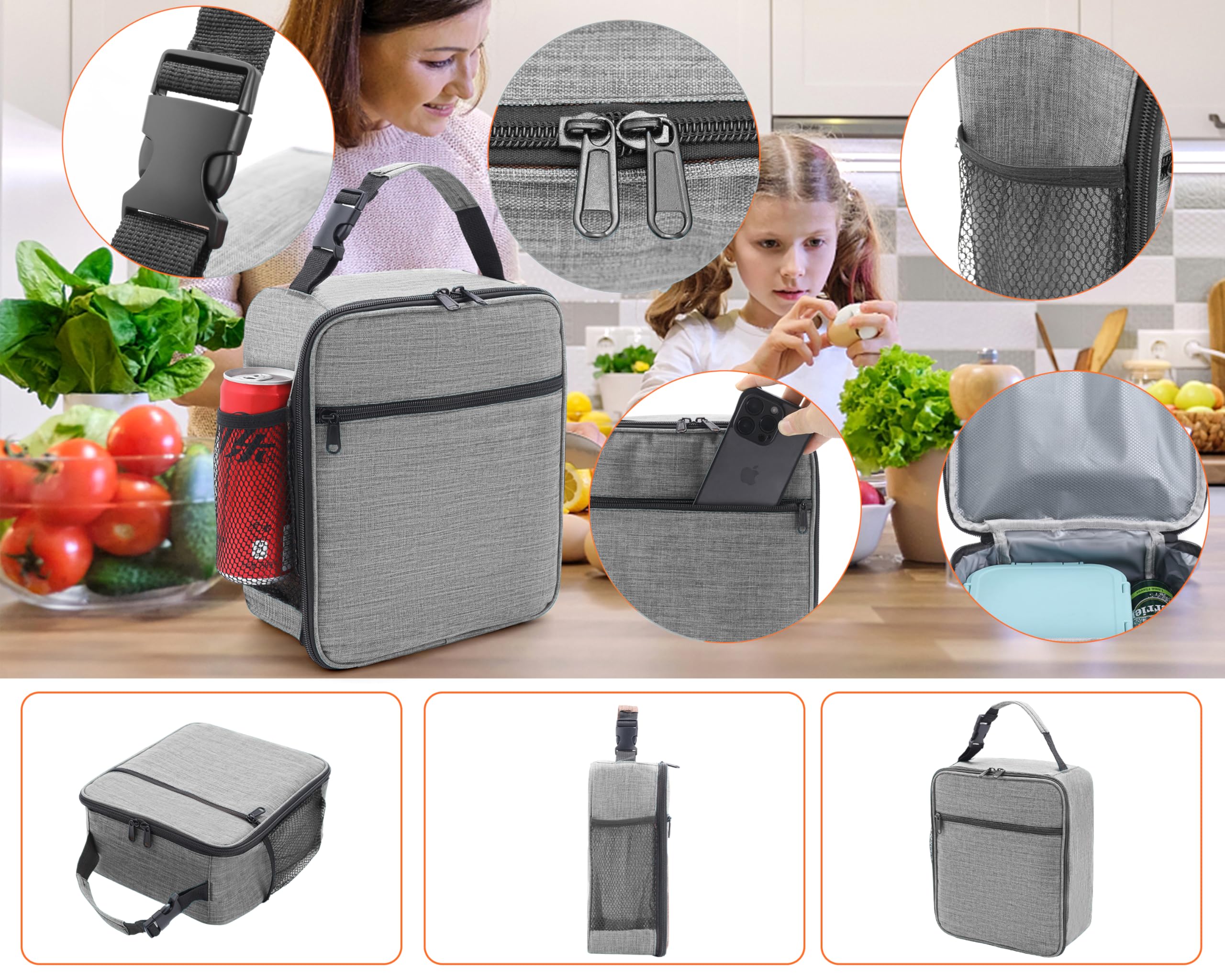 Insulated Lunch Box for Men & Women - Reusable Small Lunch Bag with Thermal Insulation - Perfect for Office, School, Picnics & Outdoor Activities (Light Gray)