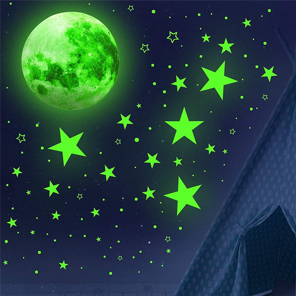 Glow in the Dark Wall Stickers - 1003Pcs Luminous Stars & Moon Decals for Ceiling & Wall Decor, 3D Adhesive Glowing Stickers for Kids Room, DIY Bedroom Decor & Birthday Party Supplies (Green) - Perfect for Nursery, Children's Bedroom & Night Sky Theme Parties